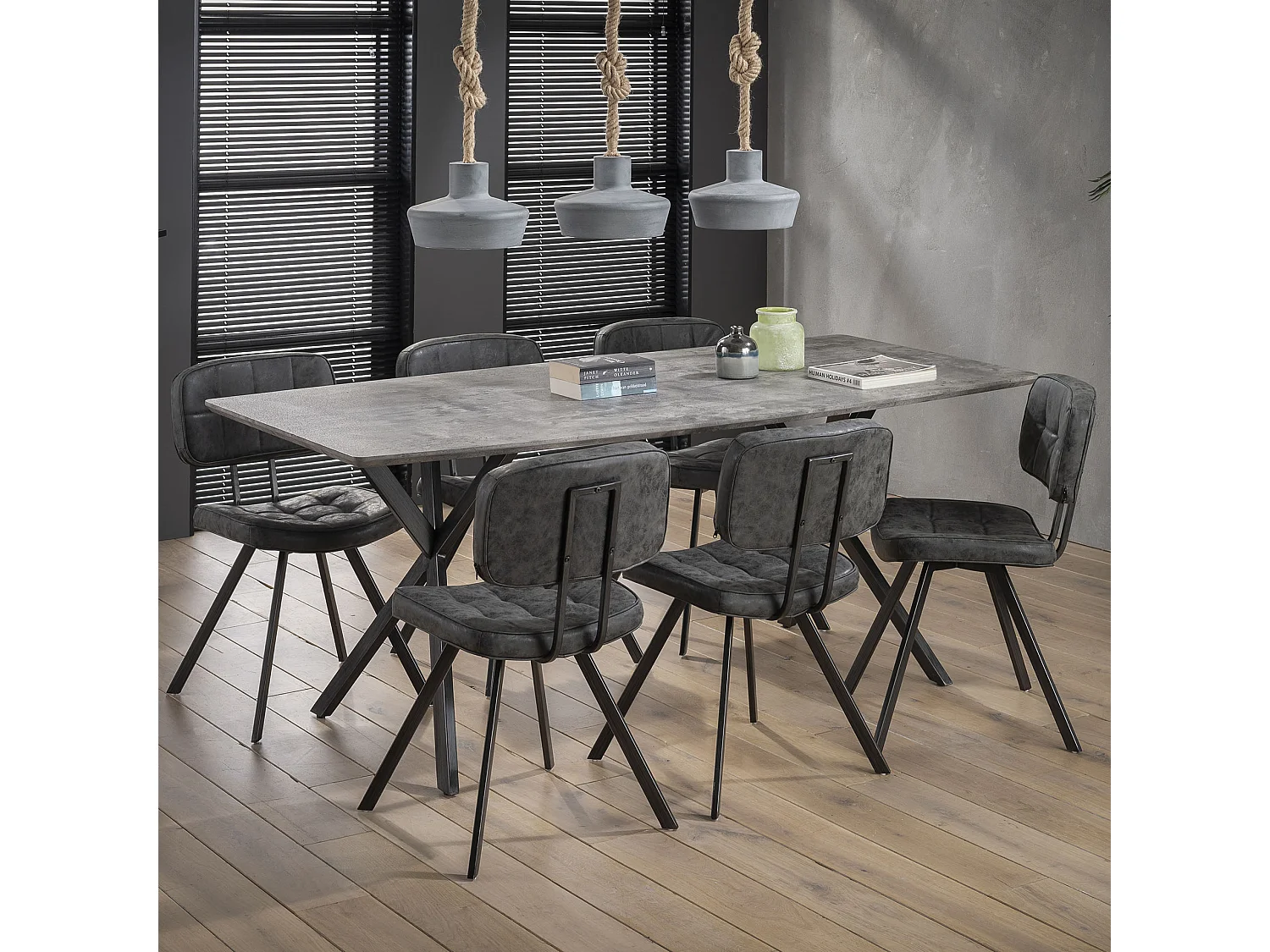 Table à manger plateau ovale - Table à manger aspect béton - Acier vintage - Gris - 190x90cm