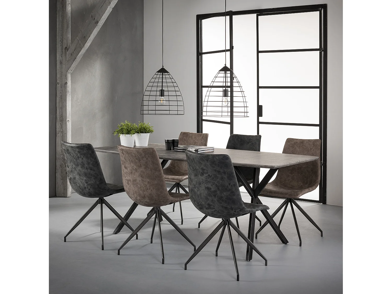 Table à manger plateau ovale - Table à manger aspect béton - Acier vintage - Gris - 190x90cm