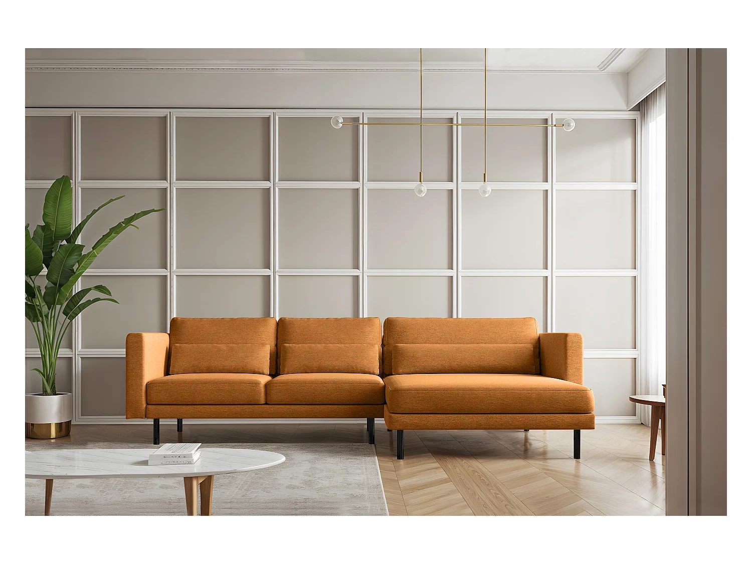 Canapé d'angle L-form Dani moderne et spacieux tissu Verita cuivre droit