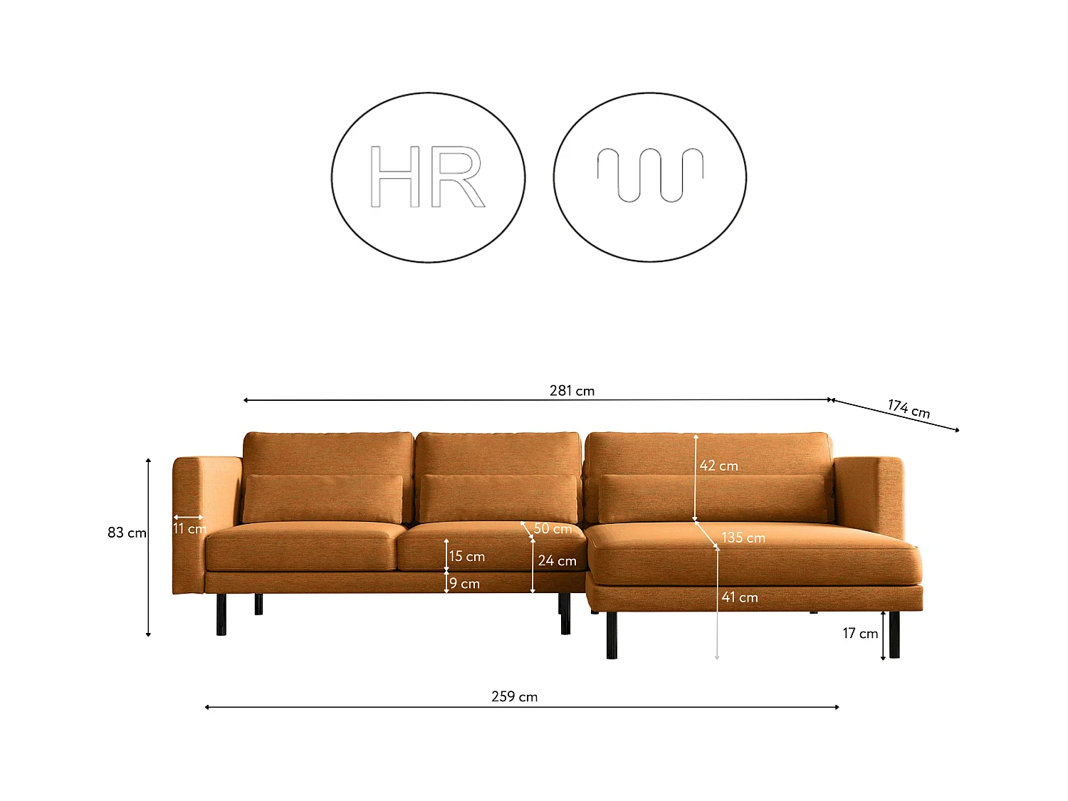 Canapé d'angle L-form Dani moderne et spacieux tissu Verita cuivre droit