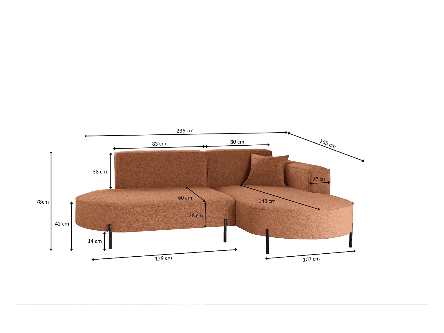 Canapé d'angle, canapé en L, designer Modena, tissu pur, source cuivre, droite