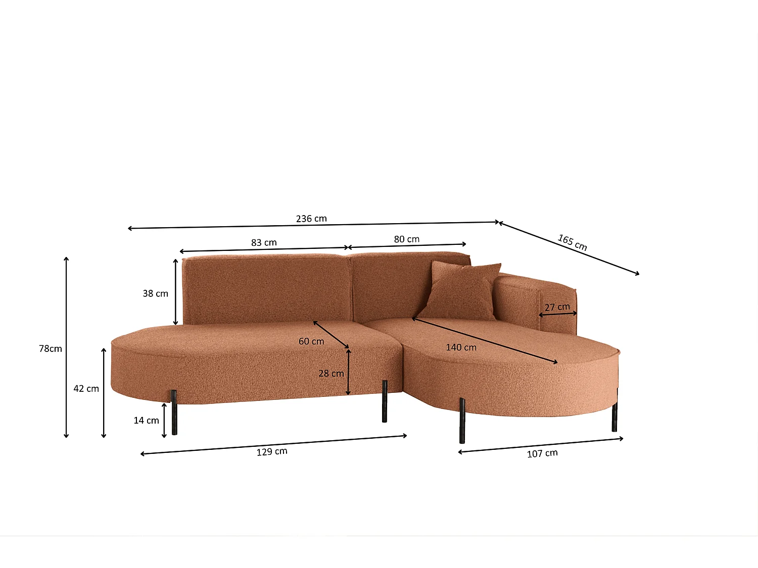 Canapé d'angle, canapé en L, designer Modena, tissu pur, source cuivre, droite