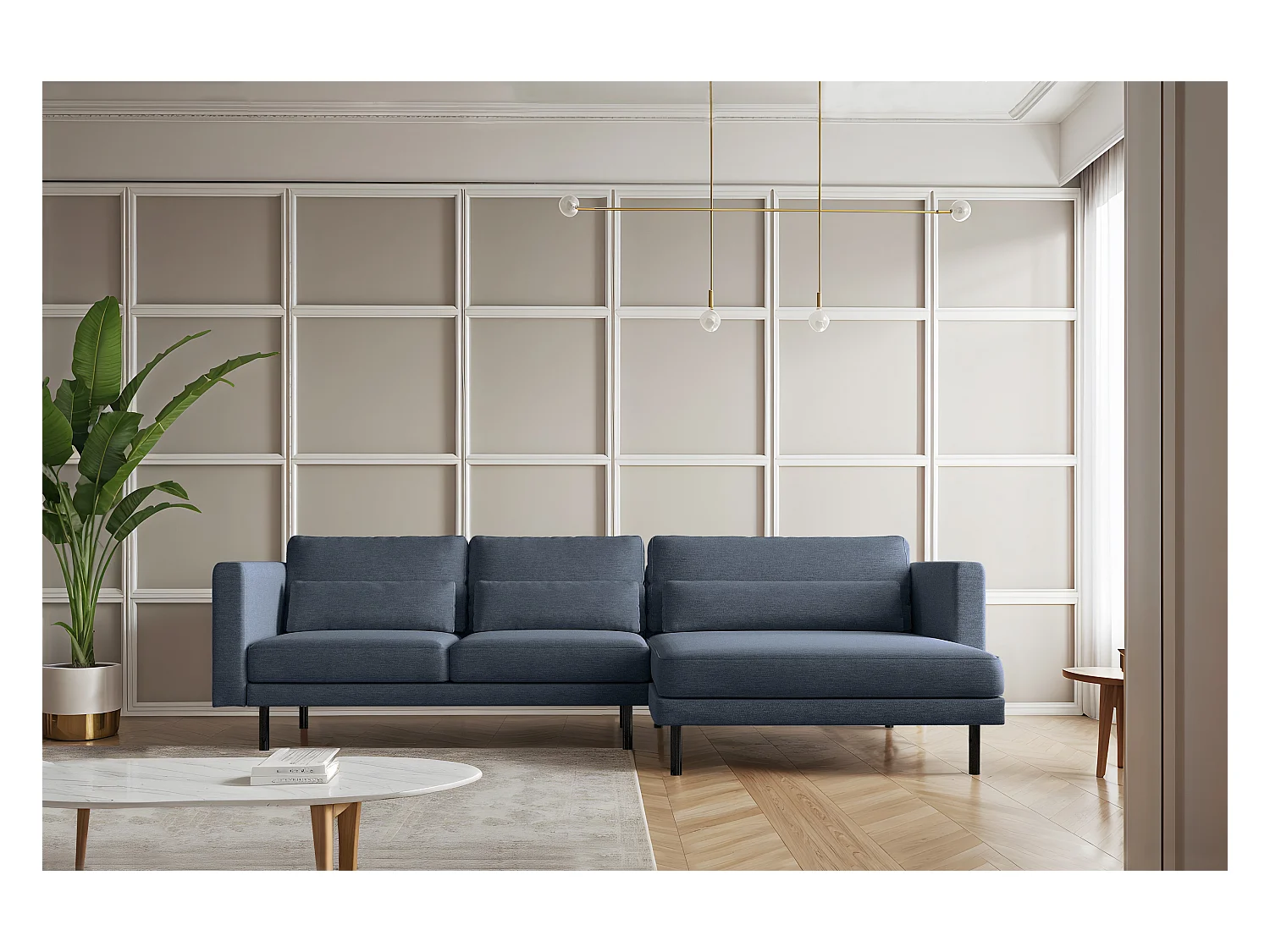 Canapé d'angle L-form Dani moderne et spacieux tissu Verita bleu marine droit