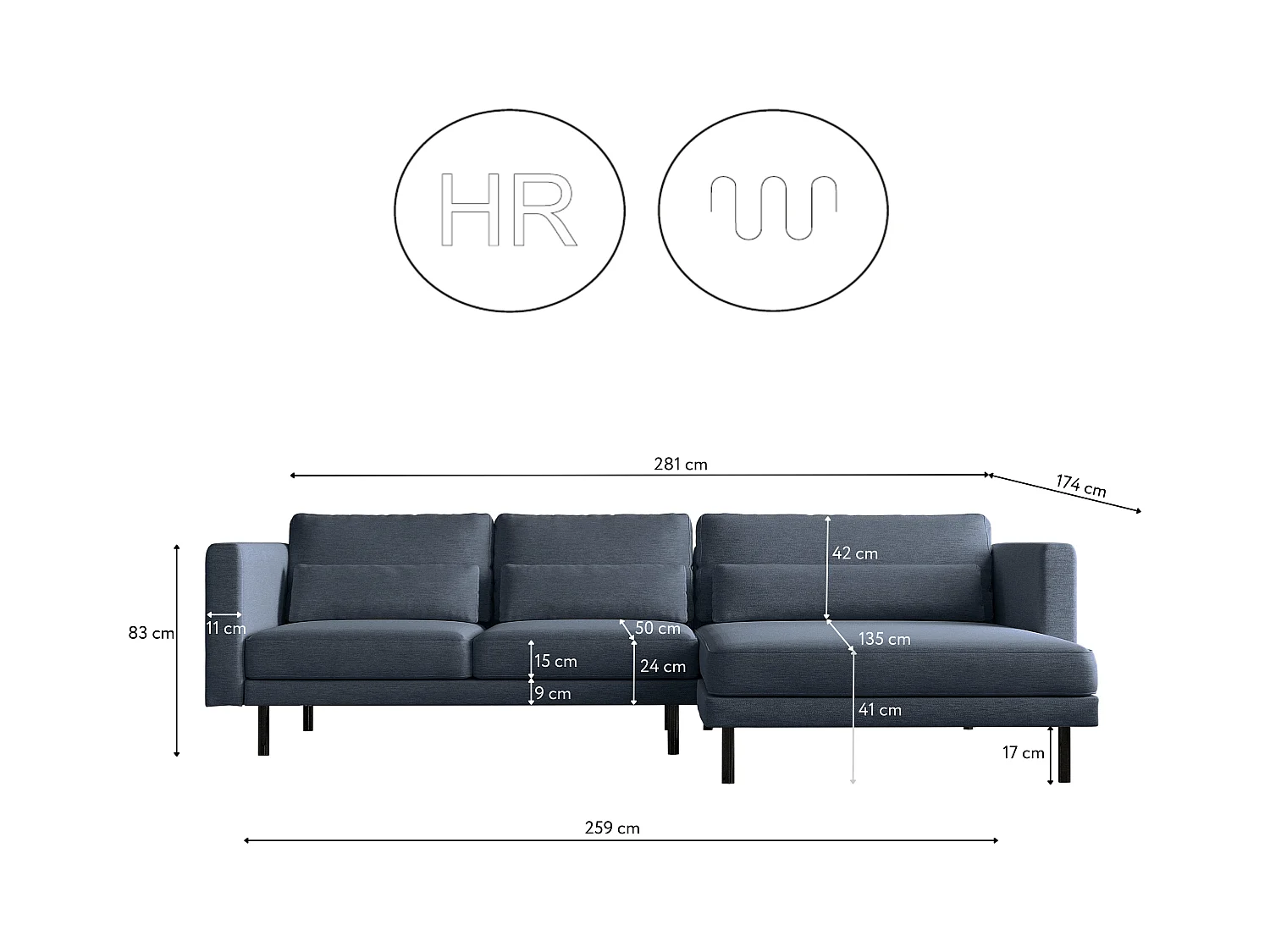 Canapé d'angle L-form Dani moderne et spacieux tissu Verita bleu marine droit