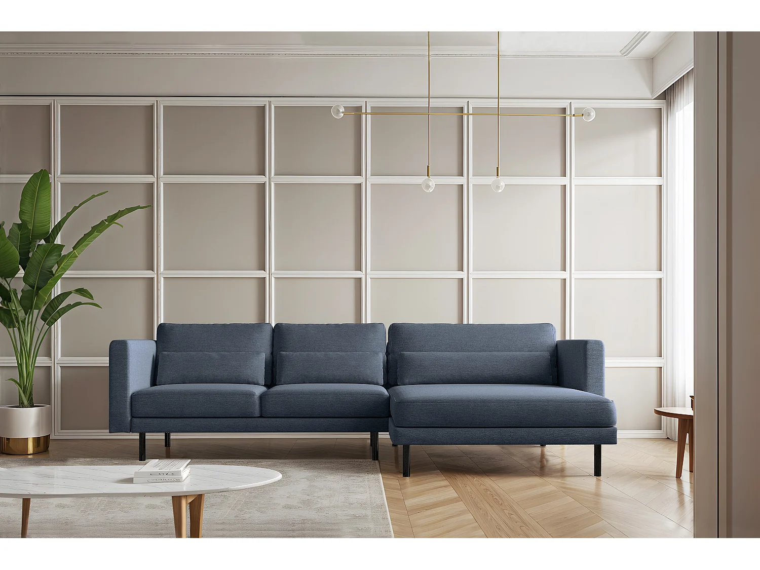 Canapé d'angle L-form Dani moderne et spacieux tissu Verita bleu marine droit