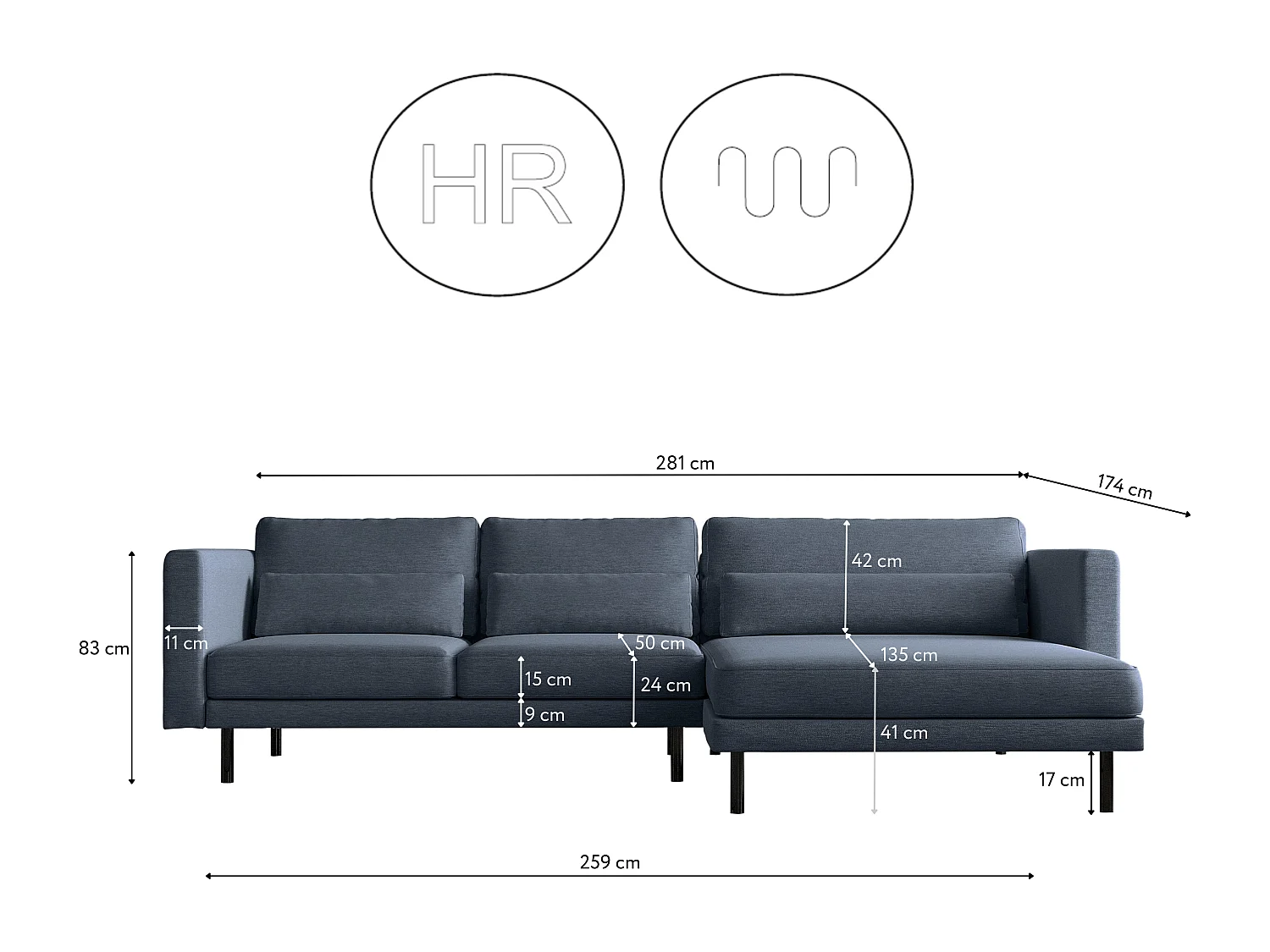 Canapé d'angle L-form Dani moderne et spacieux tissu Verita bleu marine droit