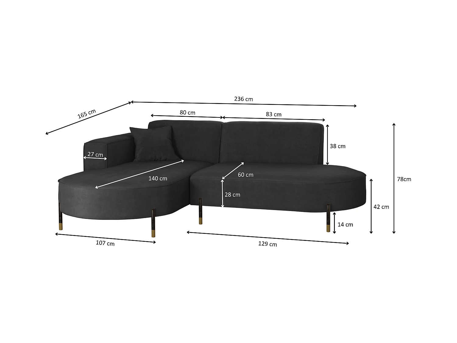 Canapé d'angle, canapé en L, designer Modena, tissu pur Noel Graphite Gauche