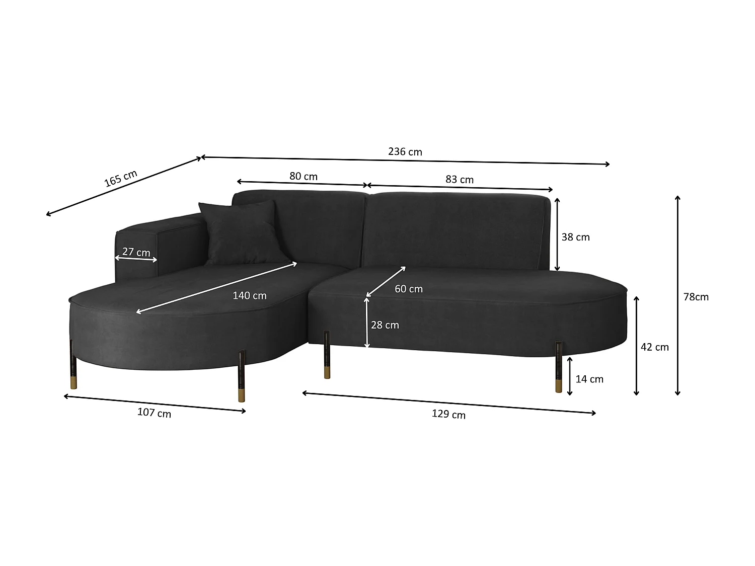 Canapé d'angle, canapé en L, designer Modena, tissu pur Noel Graphite Gauche