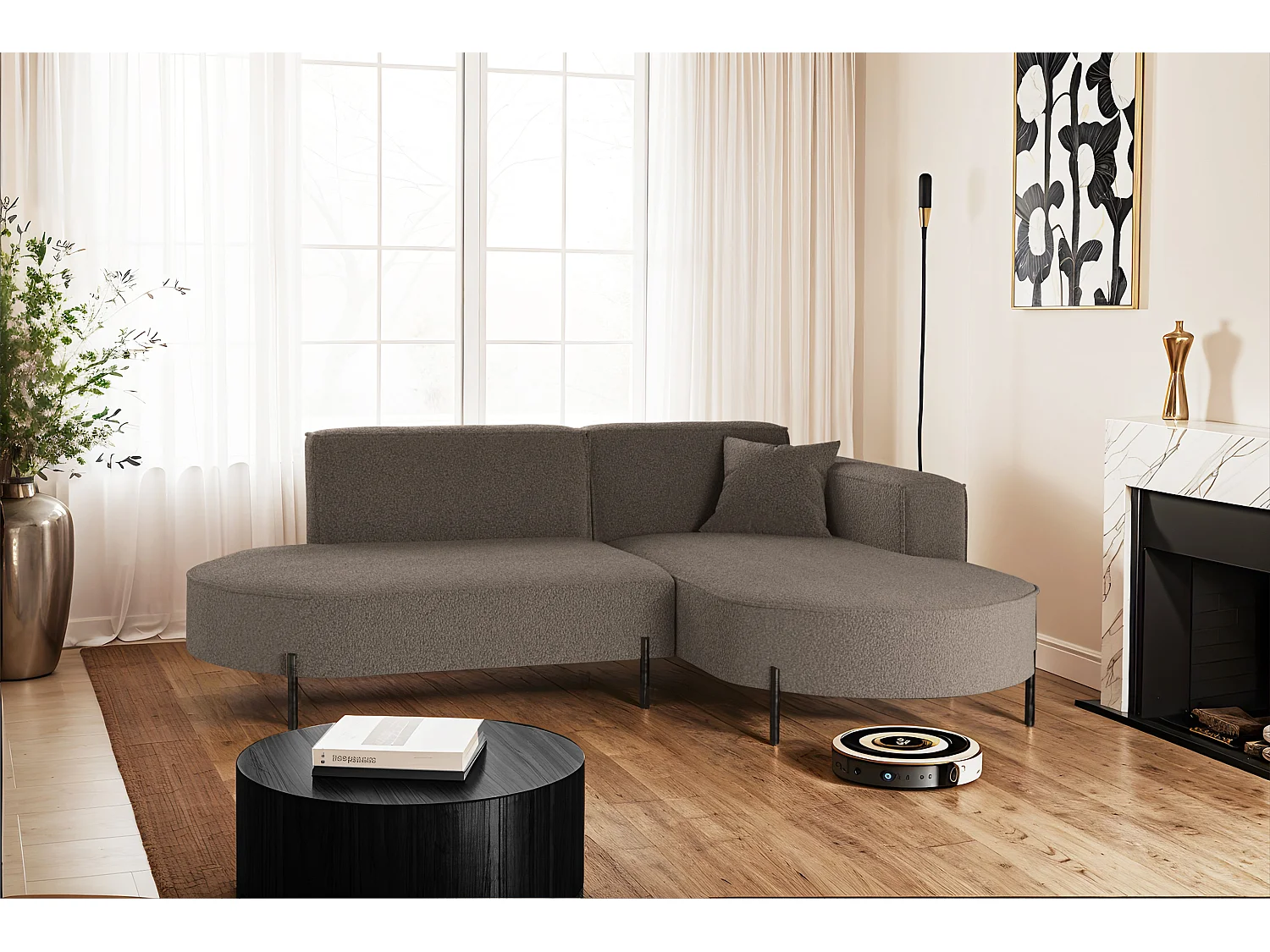 Canapé d'angle, canapé en L, designer Modena, tissu pur, source marron, droite