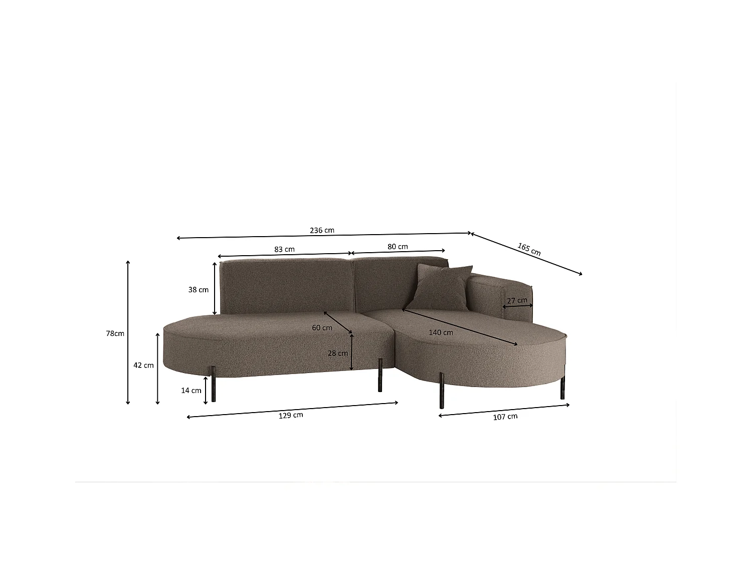 Canapé d'angle, canapé en L, designer Modena, tissu pur, source marron, droite