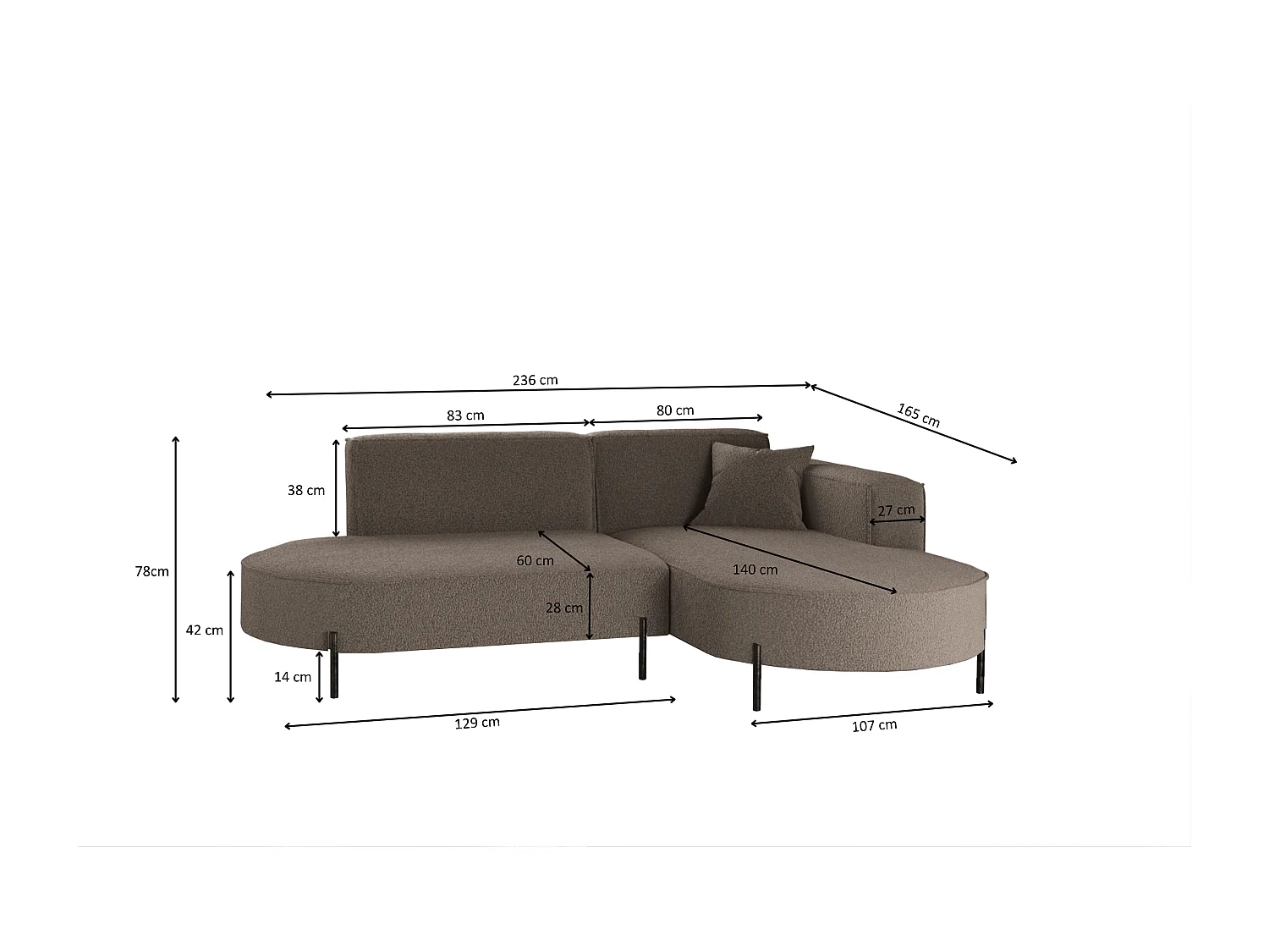 Canapé d'angle, canapé en L, designer Modena, tissu pur, source marron, droite