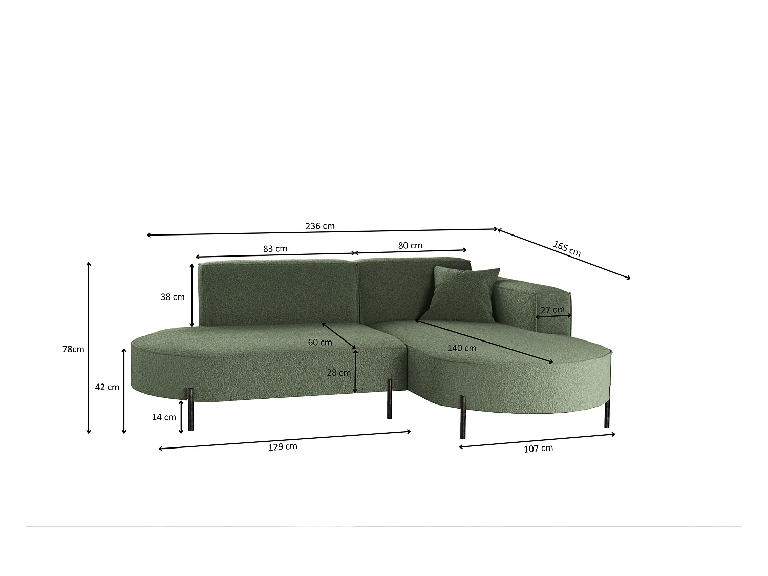 Canapé d'angle, canapé en L, designer Modena, tissu pur, vert source, à droite