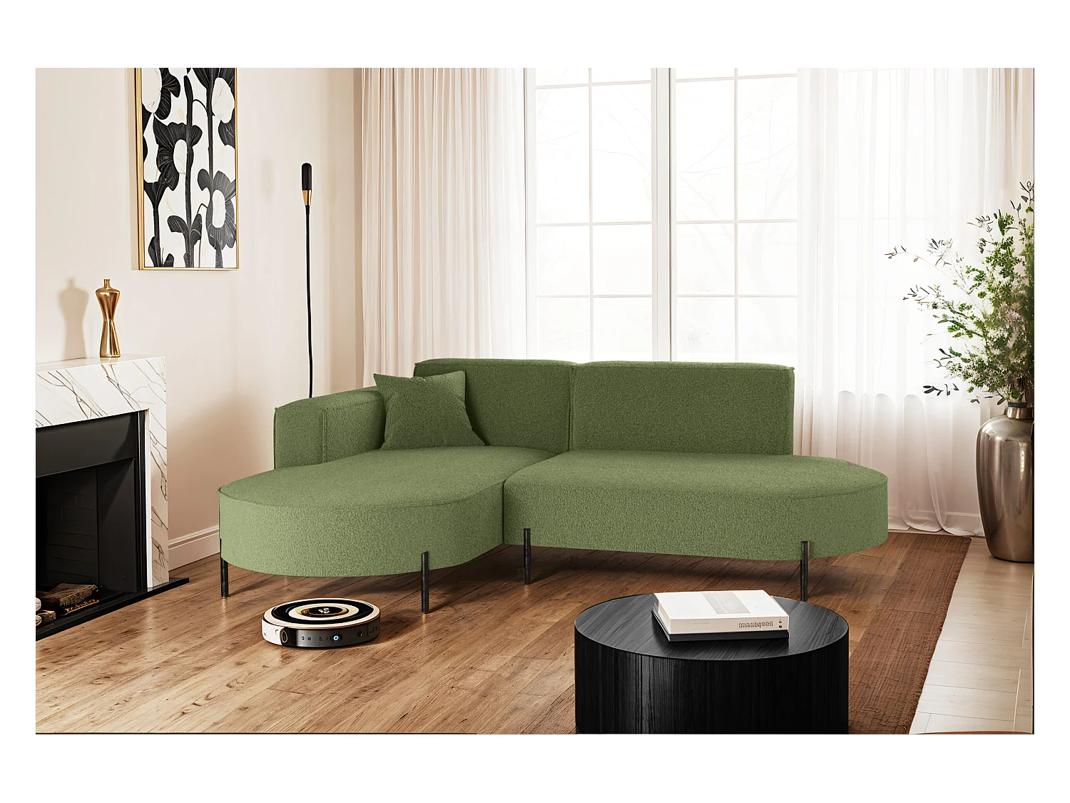 Canapé d'angle, canapé en L design Modena tissu pur source Olive Links