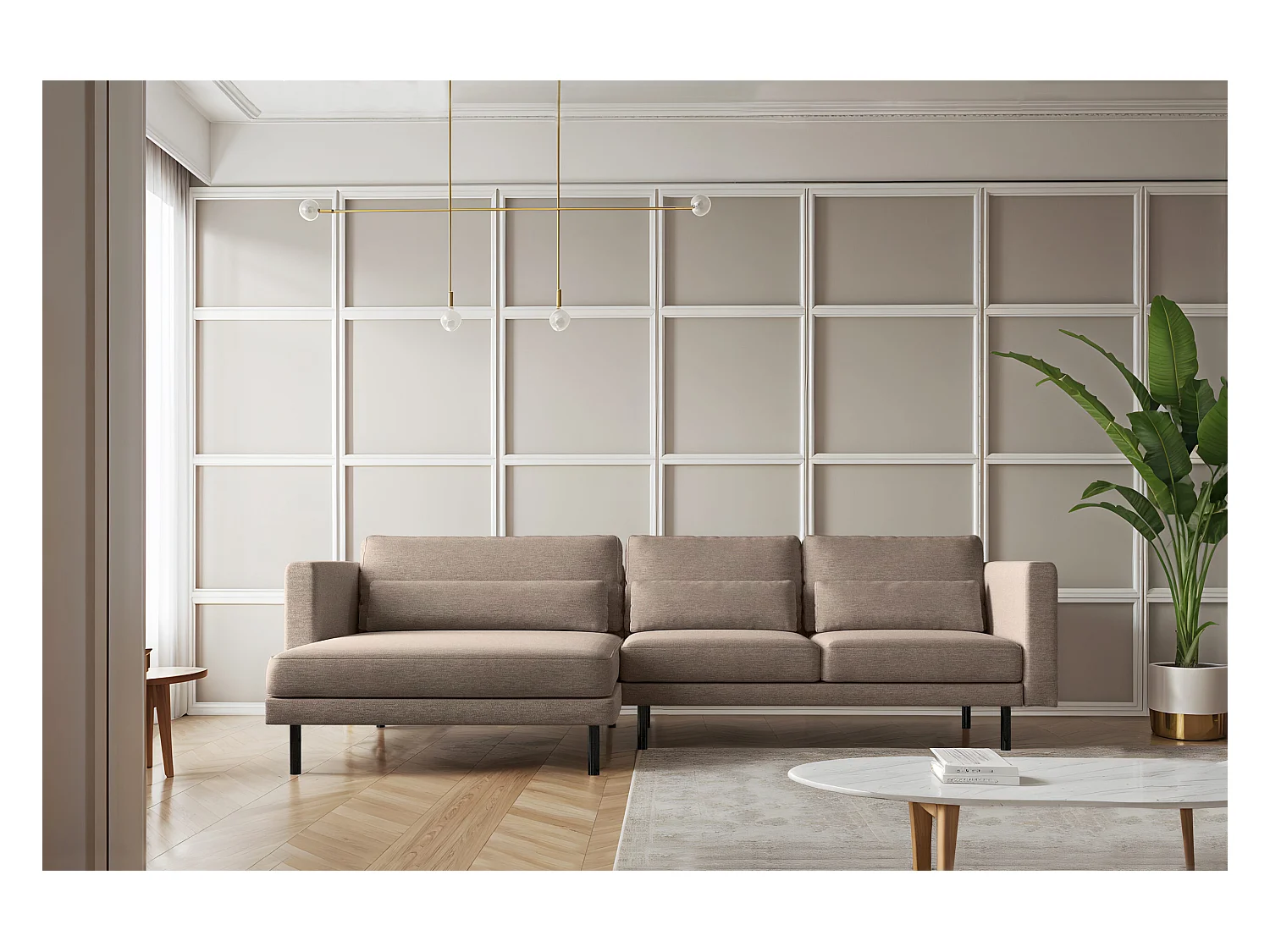 Canapé d'angle L-form Dani moderne et spacieux tissu Verita beige chaud gauche