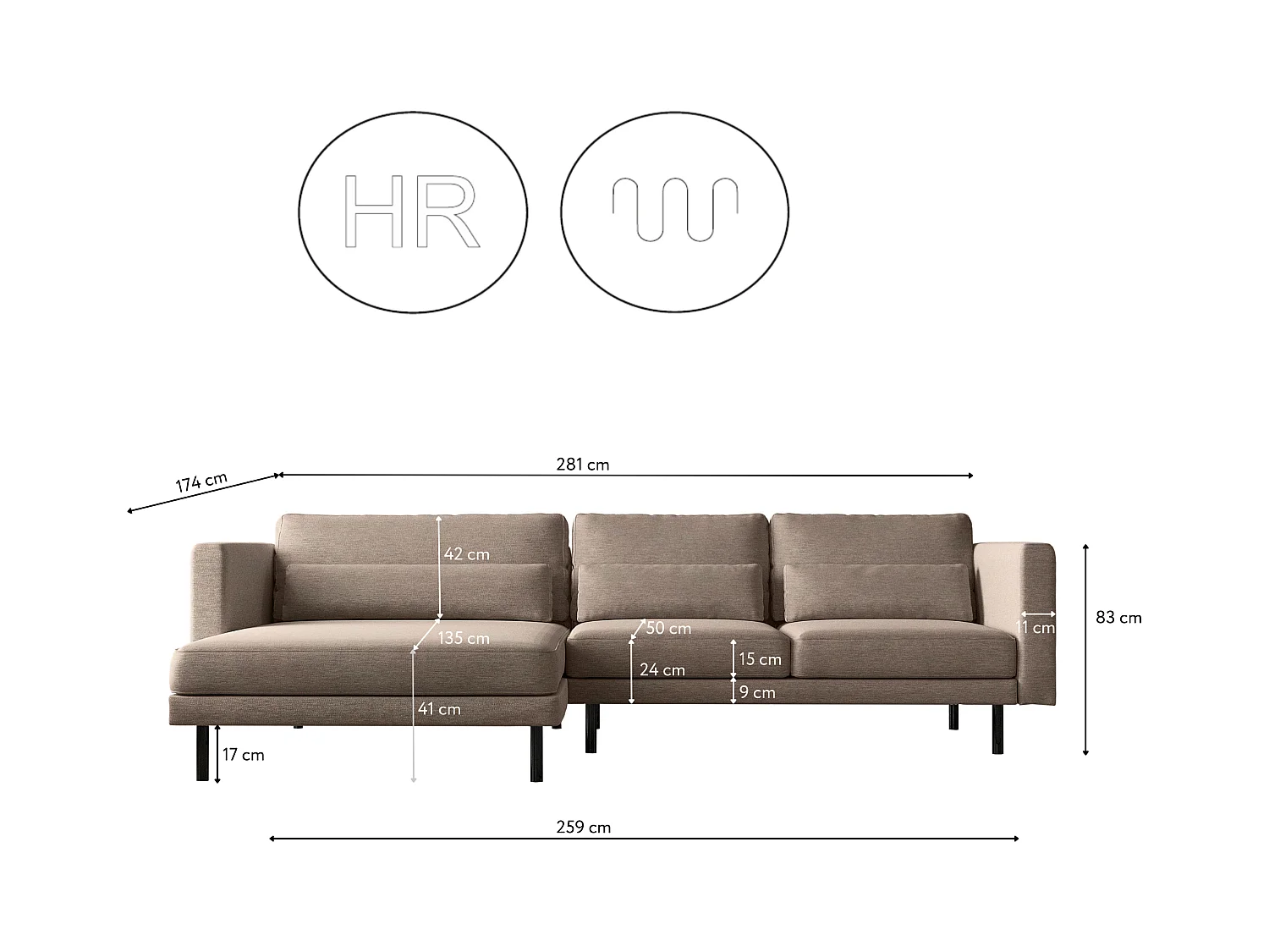 Canapé d'angle L-form Dani moderne et spacieux tissu Verita beige chaud gauche