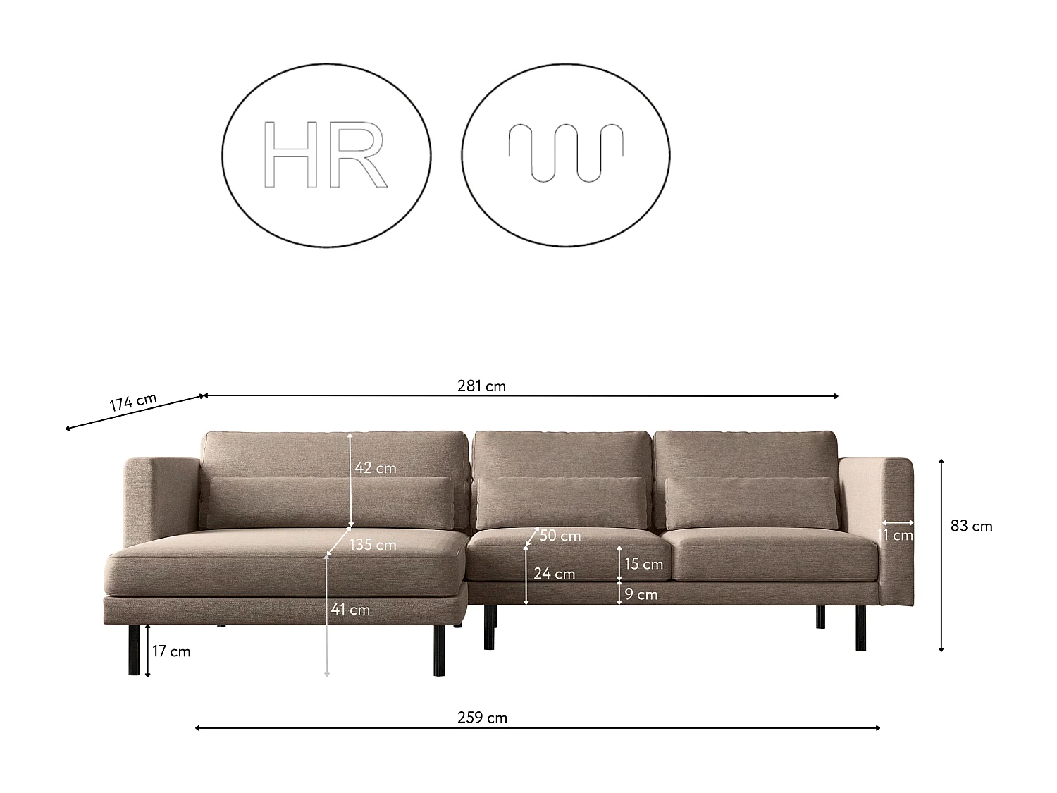 Canapé d'angle L-form Dani moderne et spacieux tissu Verita beige chaud gauche