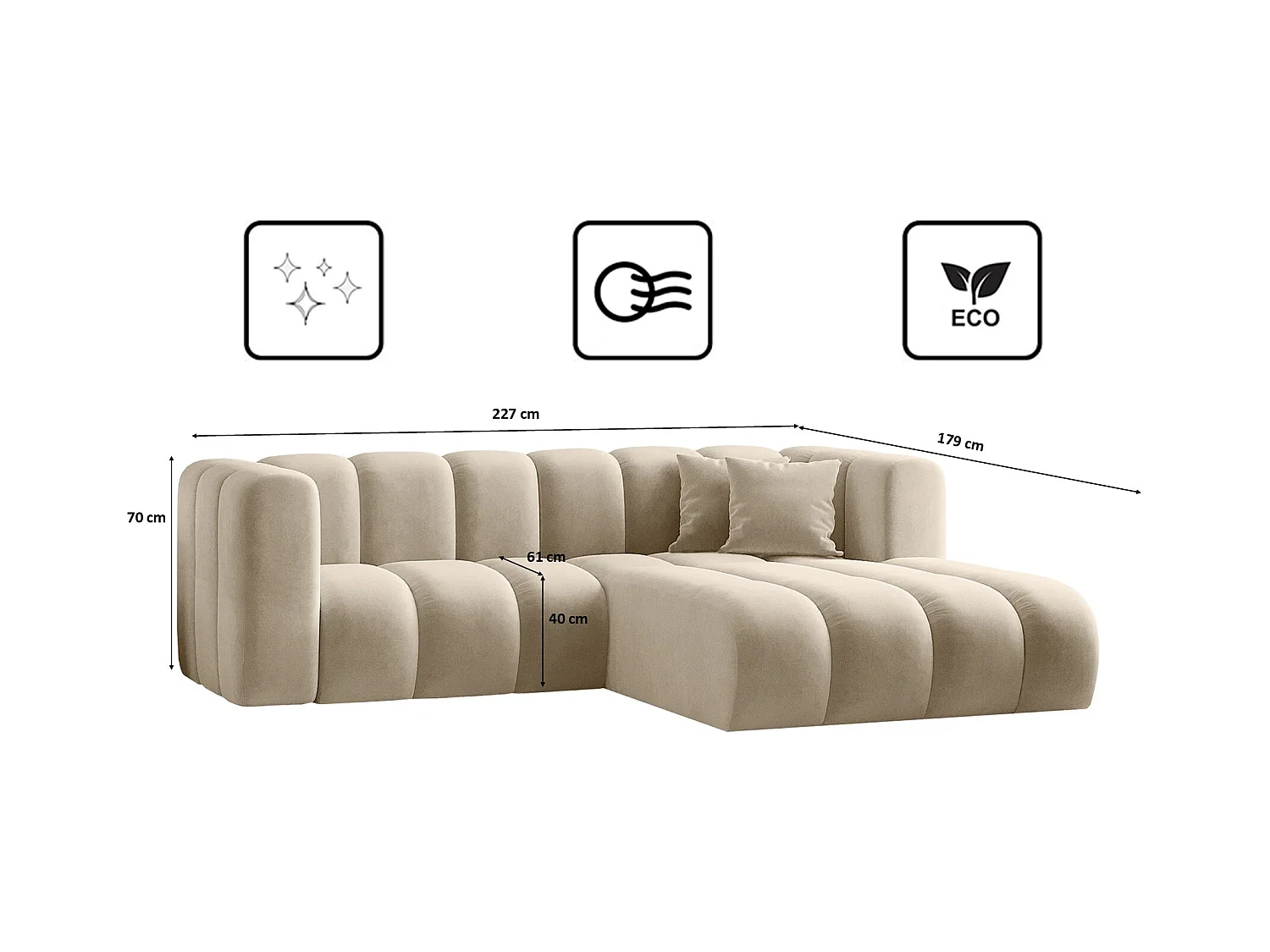 Canapé d'angle en L, Sofa Grand modulable tissu Salvador Beige Droit