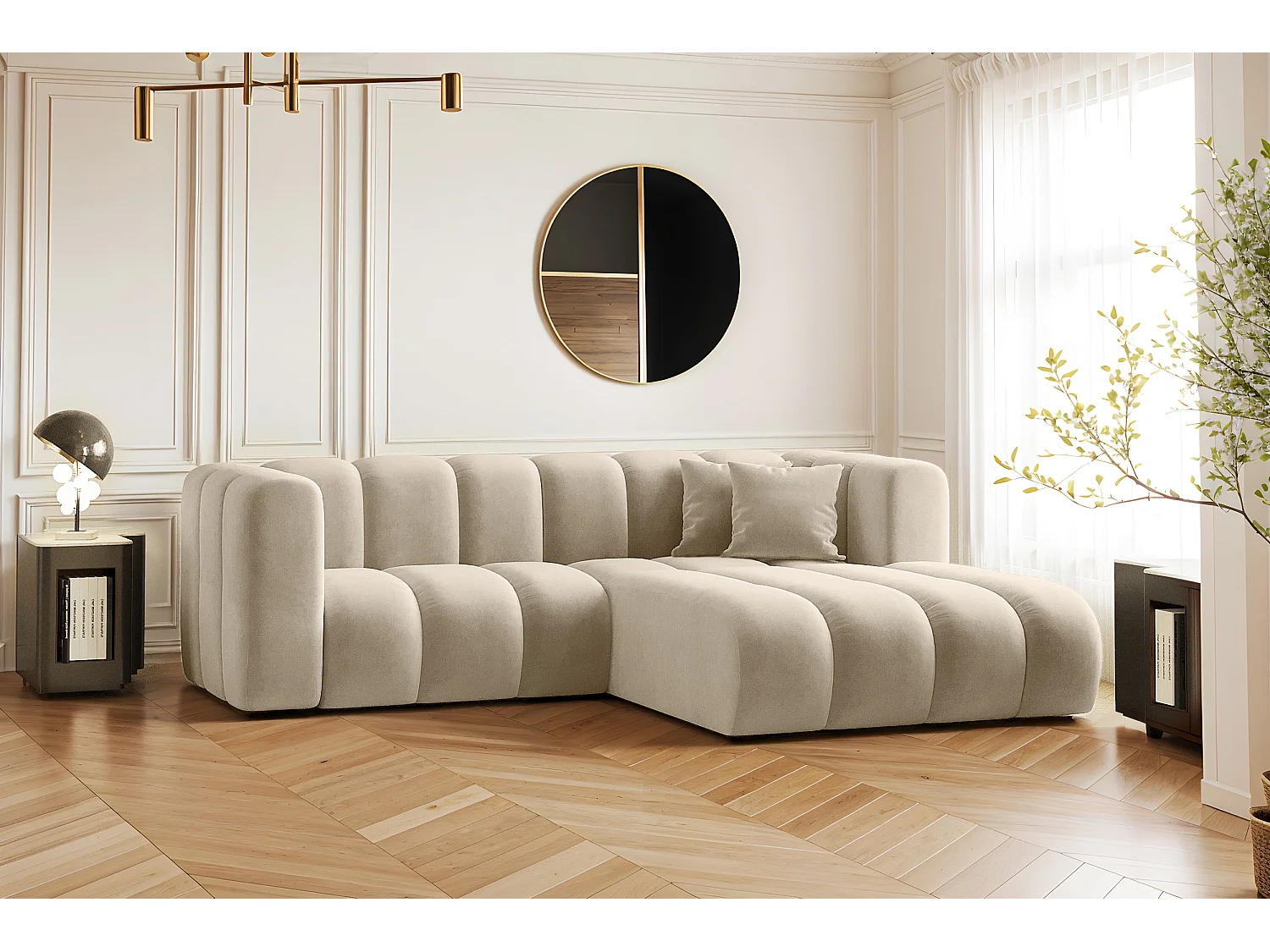 Canapé d'angle en L, Sofa Grand modulable tissu Salvador Beige Droit