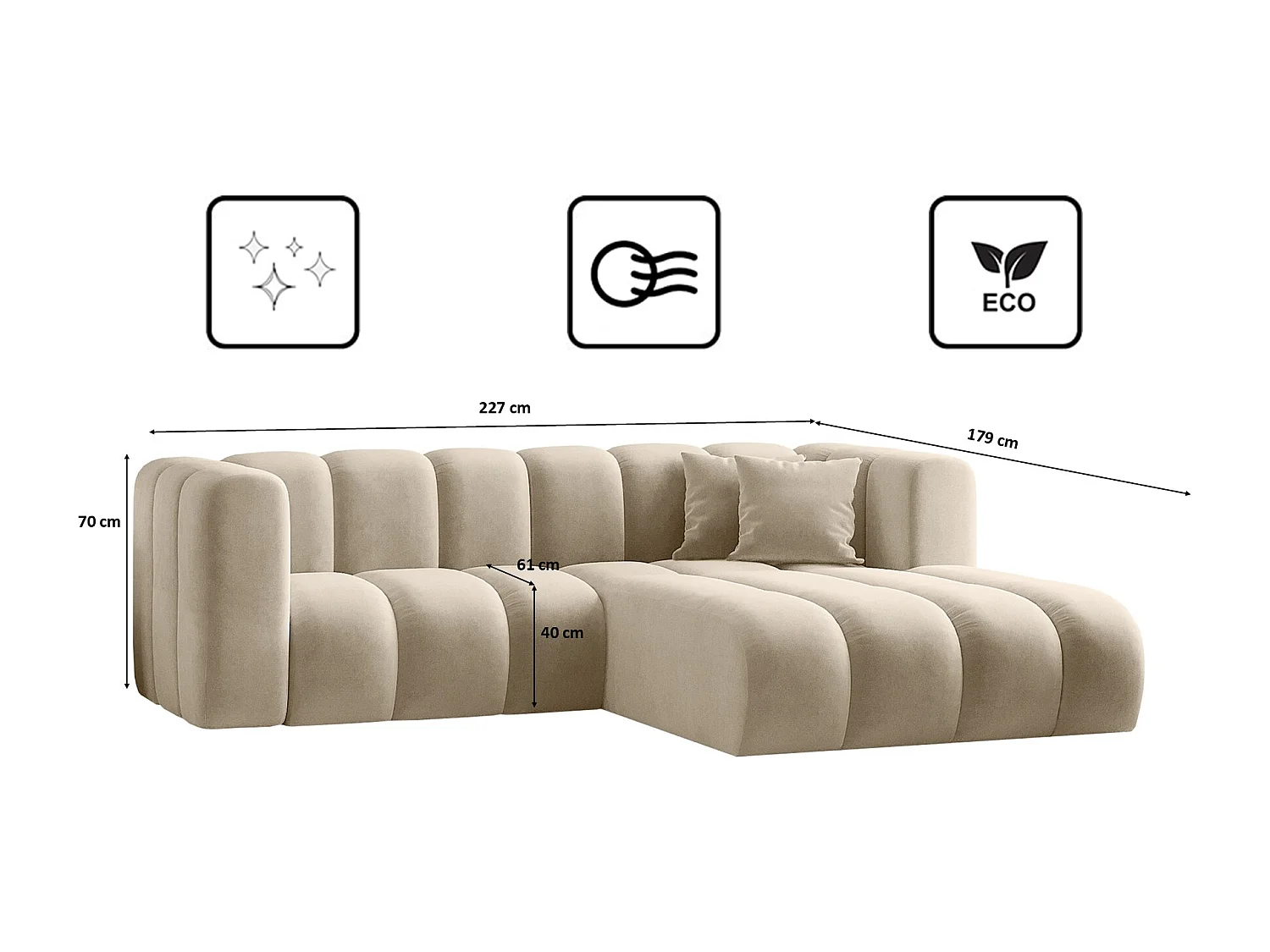 Canapé d'angle en L, Sofa Grand modulable tissu Salvador Beige Droit