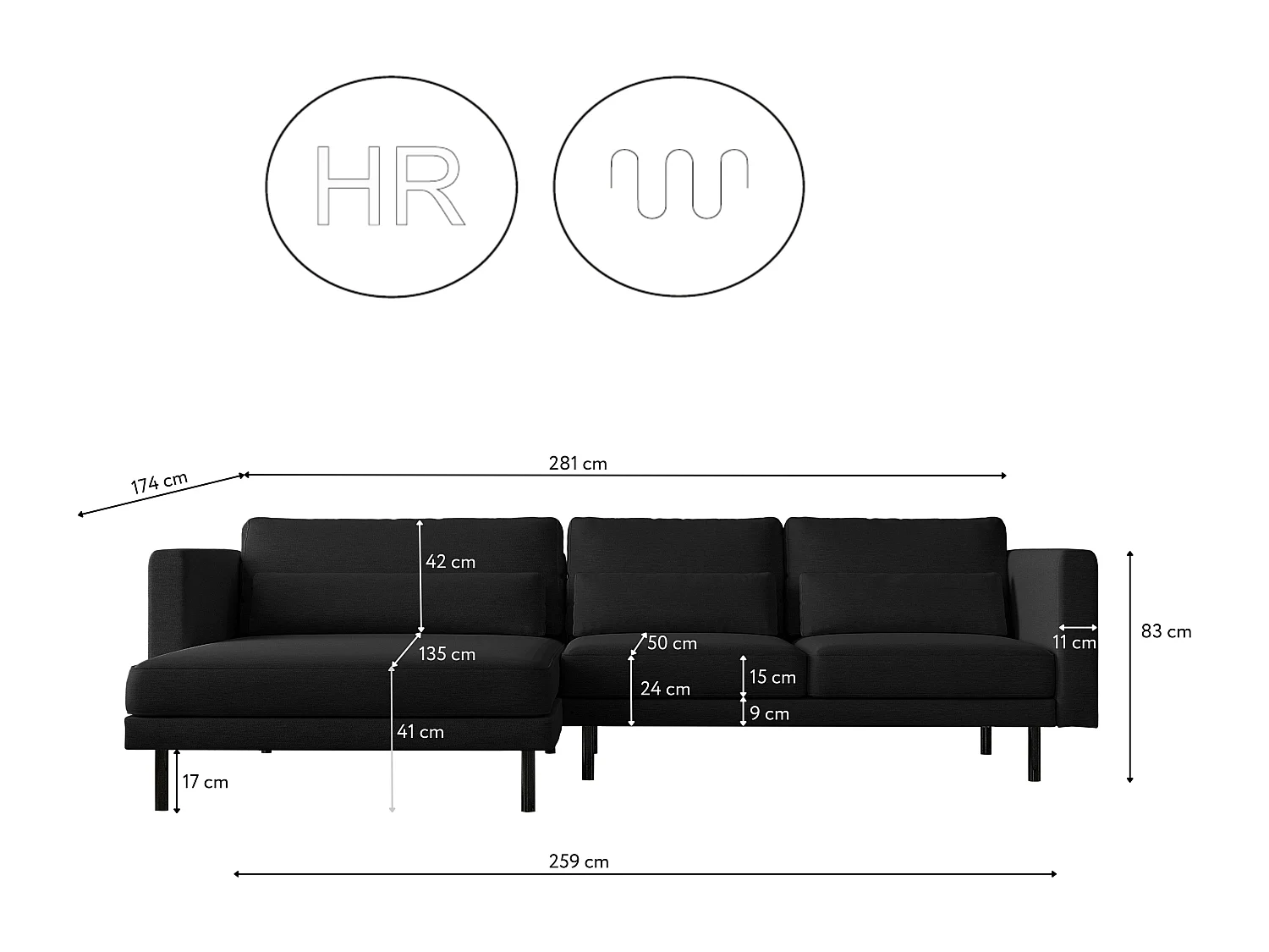 Canapé d'angle L-form Dani moderne et spacieux tissu Verita Noir Gauche