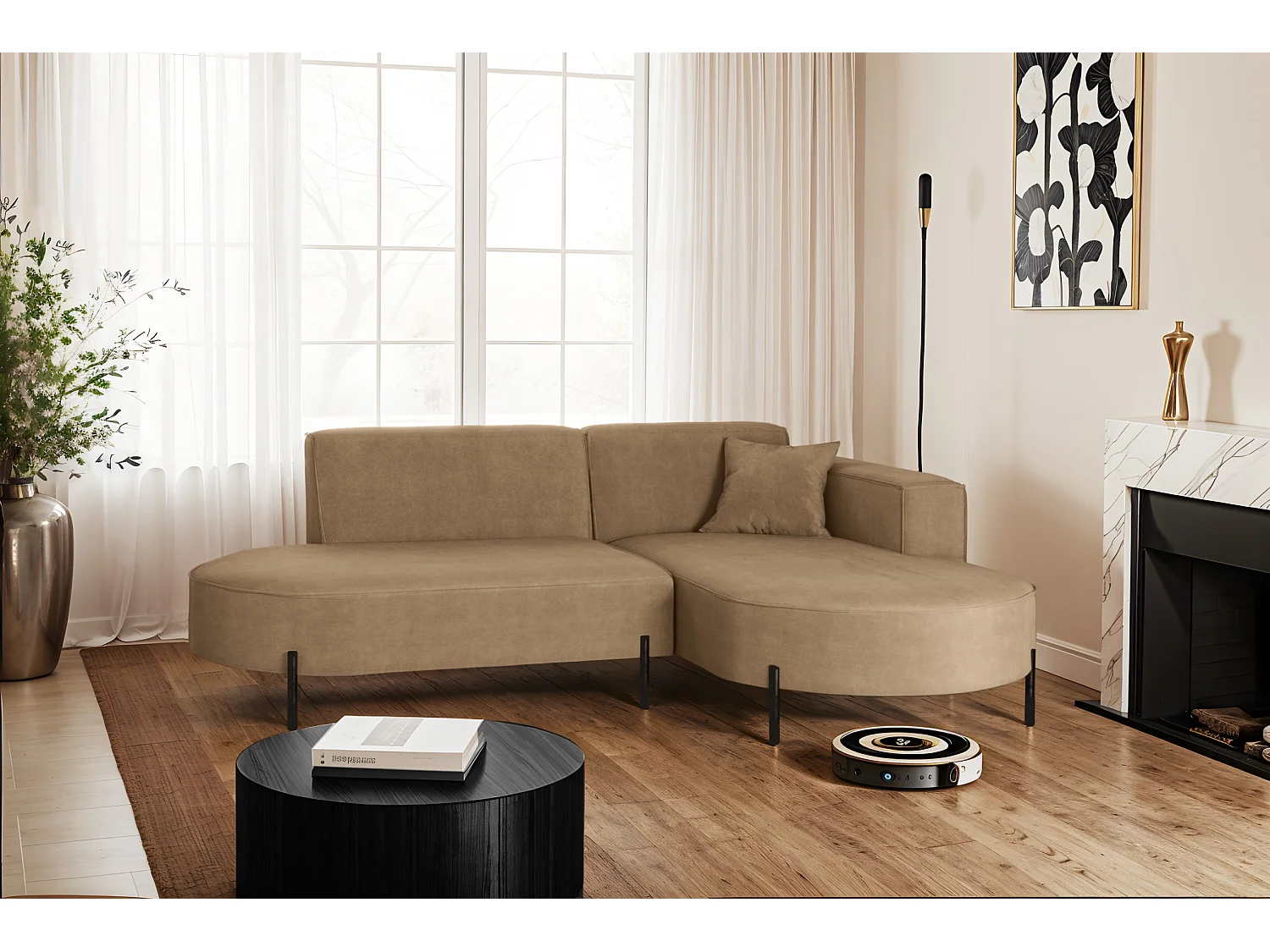 Canapé d'angle, canapé en L, designer Modena, tissu pur Noel Beige, droite