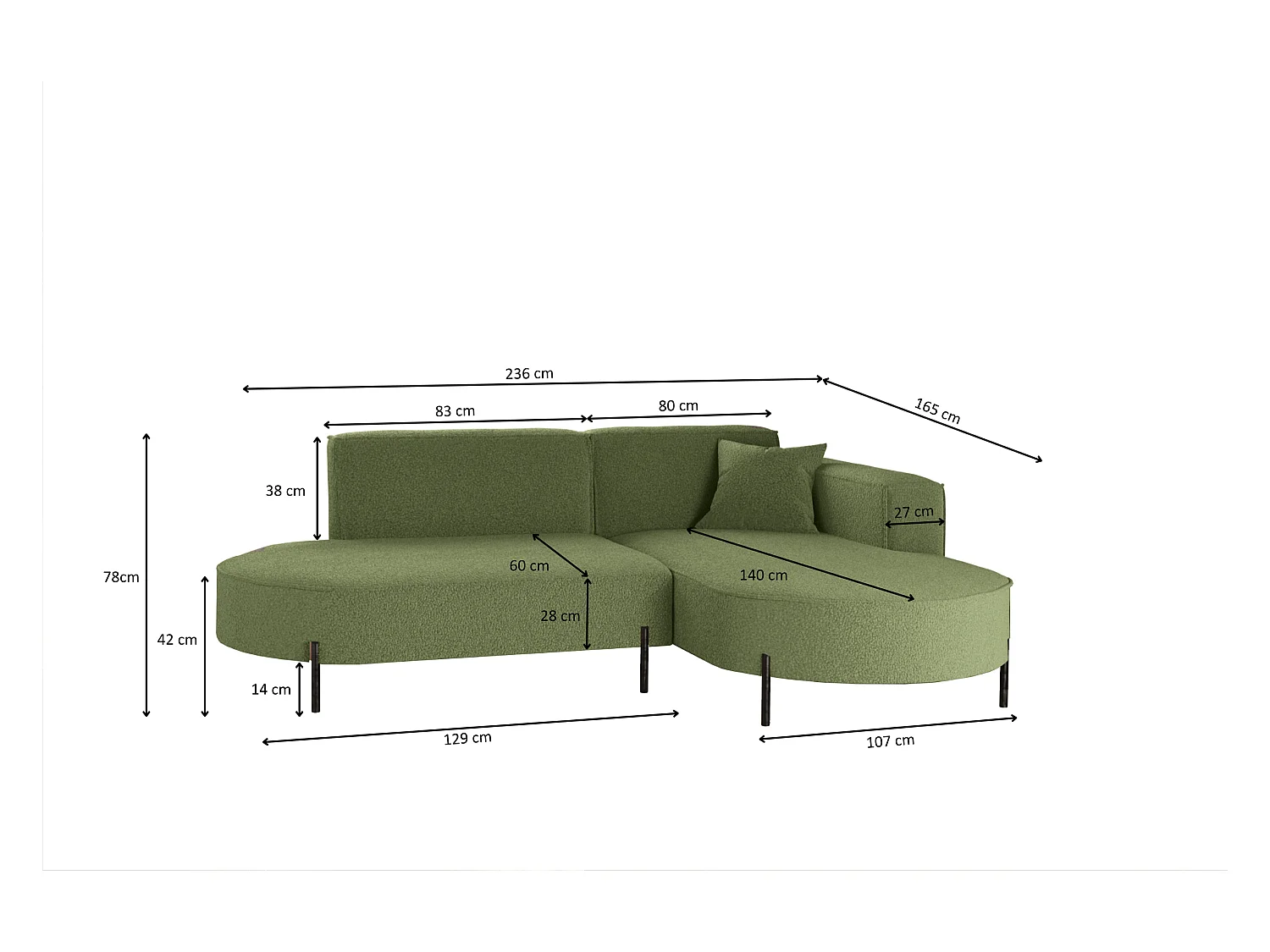 Canapé d'angle, canapé en L design Modena tissu pur source olive droite