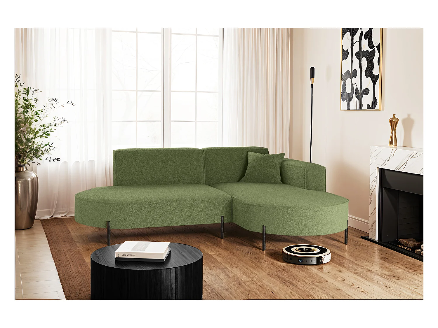 Canapé d'angle, canapé en L design Modena tissu pur source olive droite