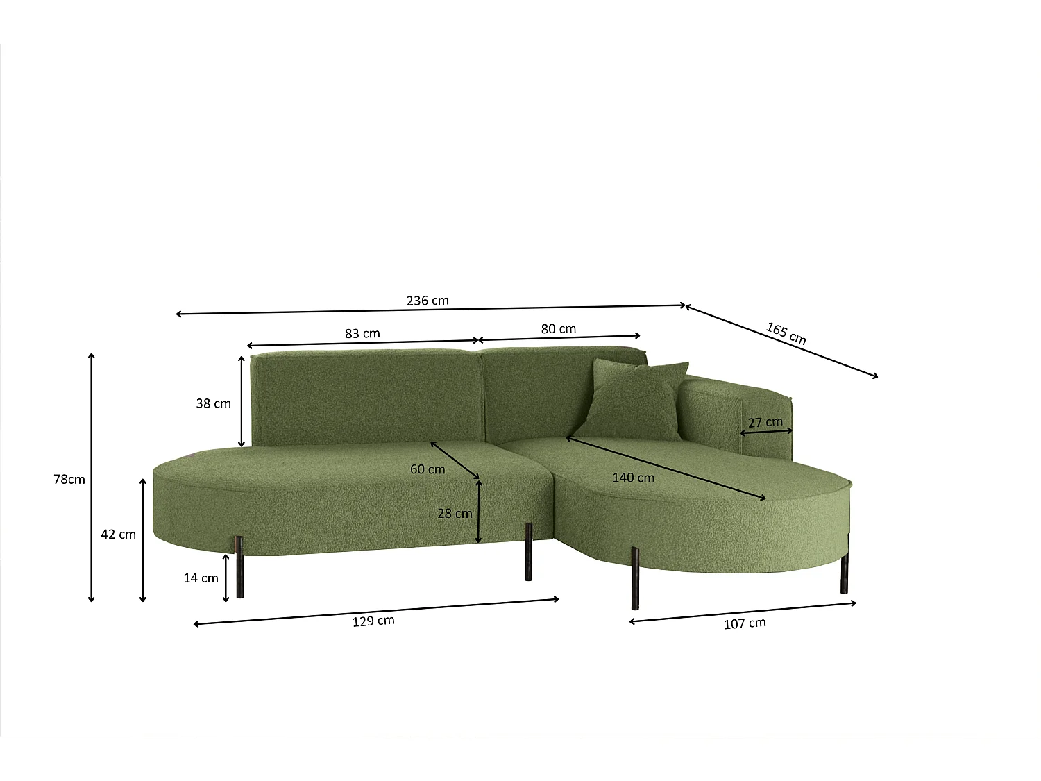 Canapé d'angle, canapé en L design Modena tissu pur source olive droite