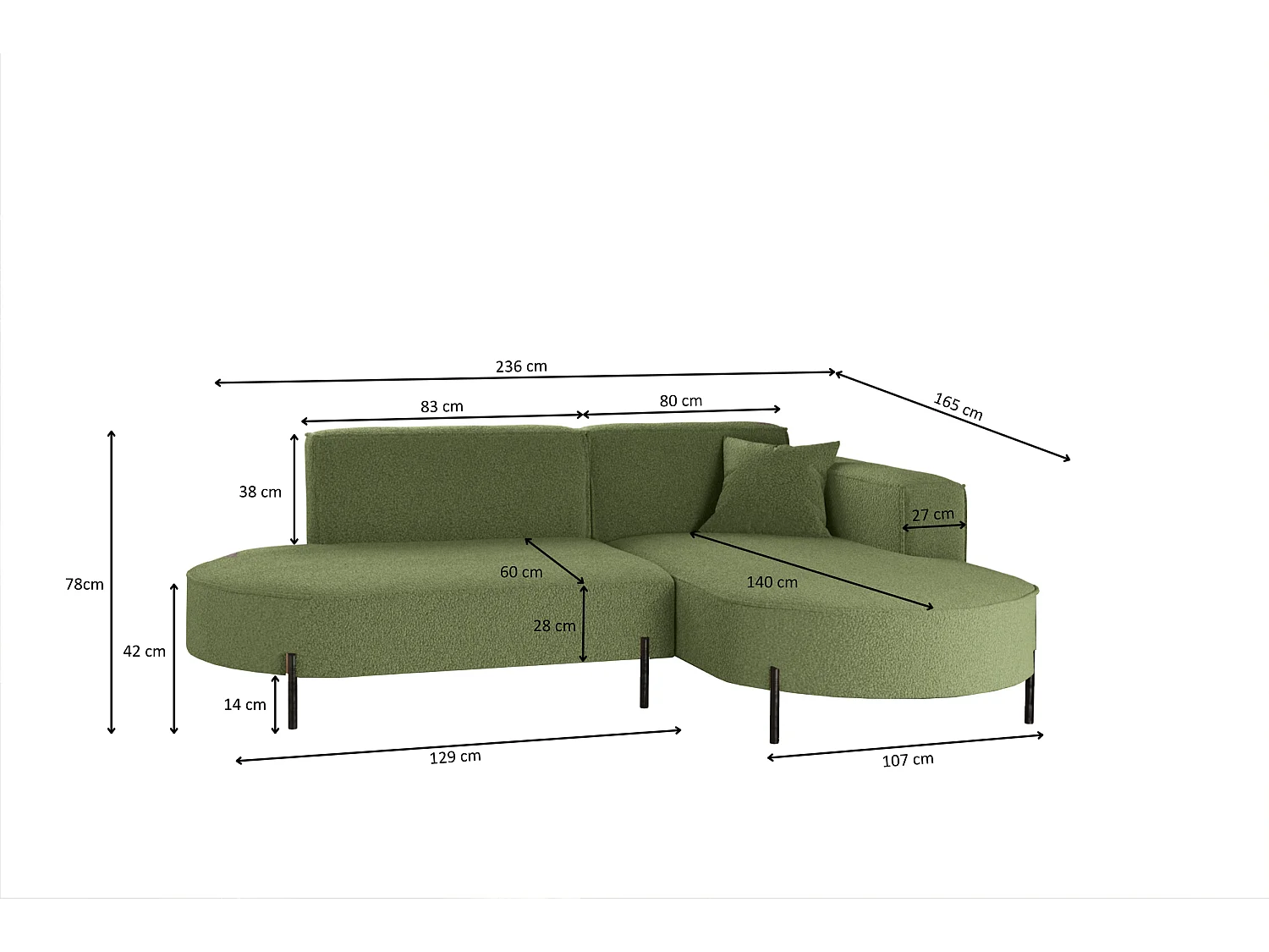 Canapé d'angle, canapé en L design Modena tissu pur source olive droite