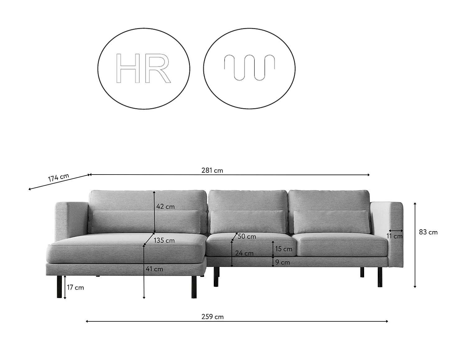 Canapé d'angle L-form Dani moderne et spacieux tissu Verita Gris Gauche