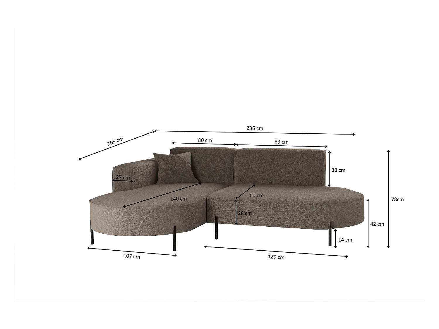 Canapé d'angle, canapé en L, designer Modena, tissu pur, source marron, gauche