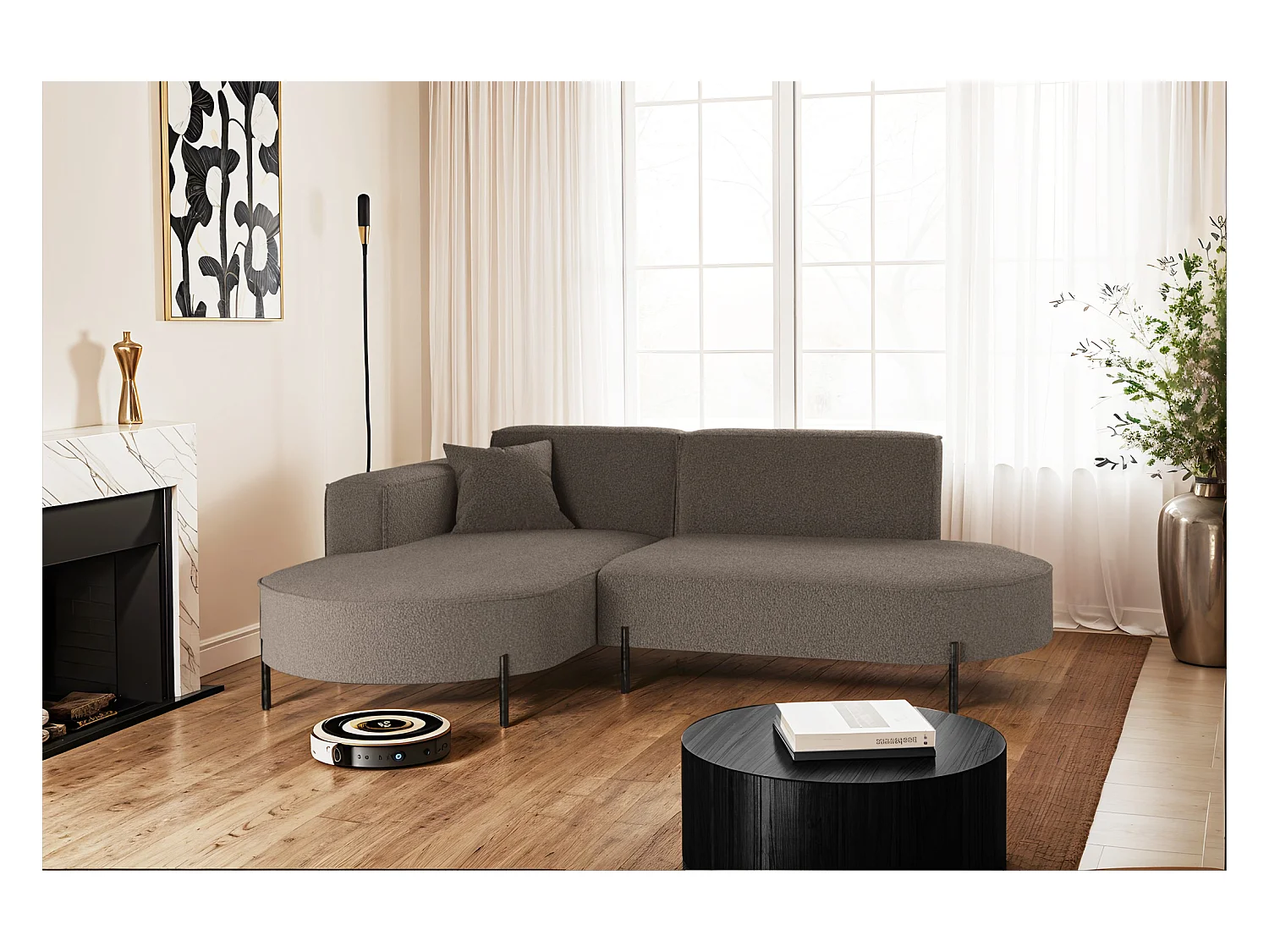 Canapé d'angle, canapé en L, designer Modena, tissu pur, source marron, gauche