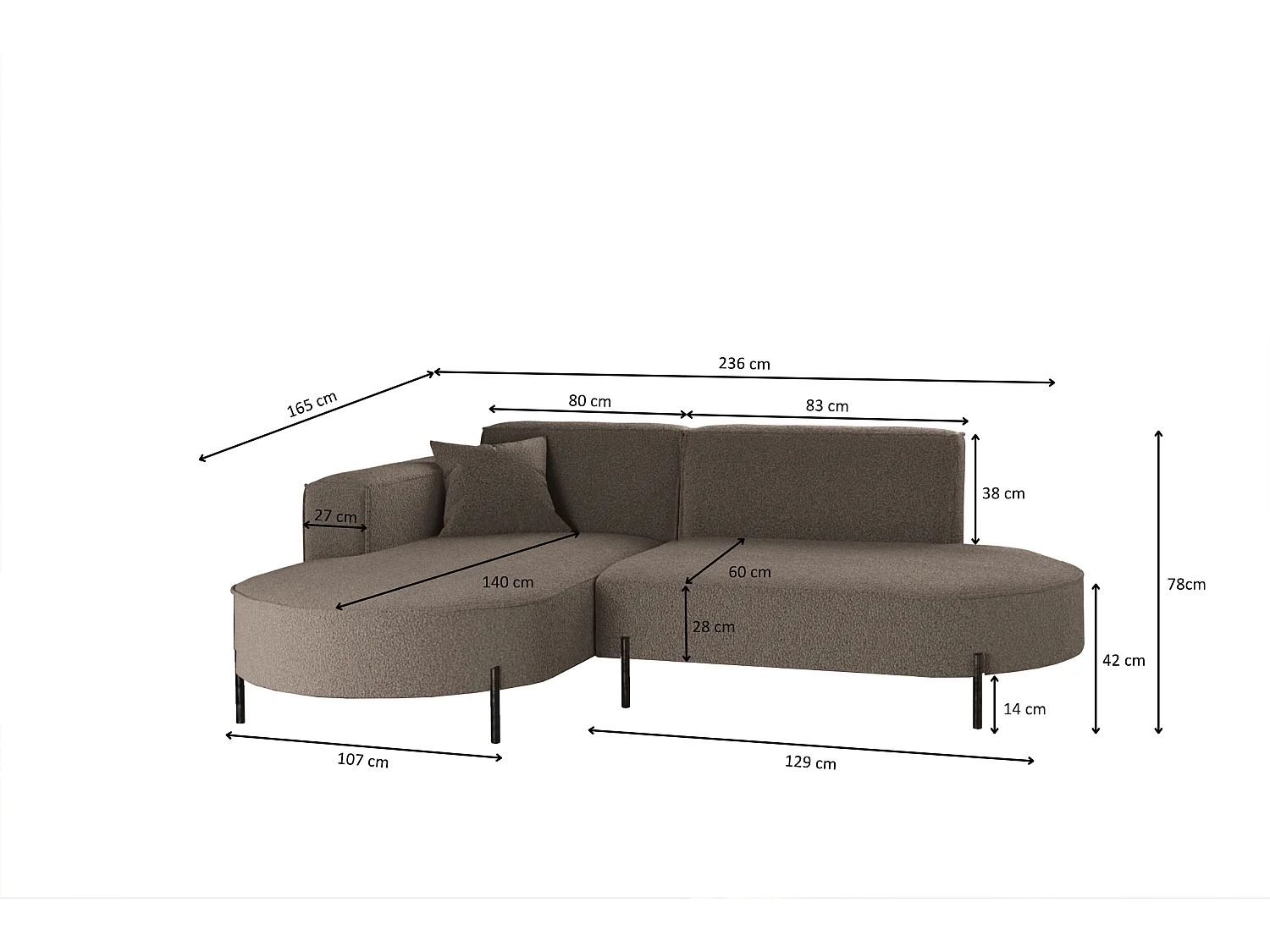 Ecksofa, Sofa L-Form Designer Modena Rein stoff Quelle Braun Links