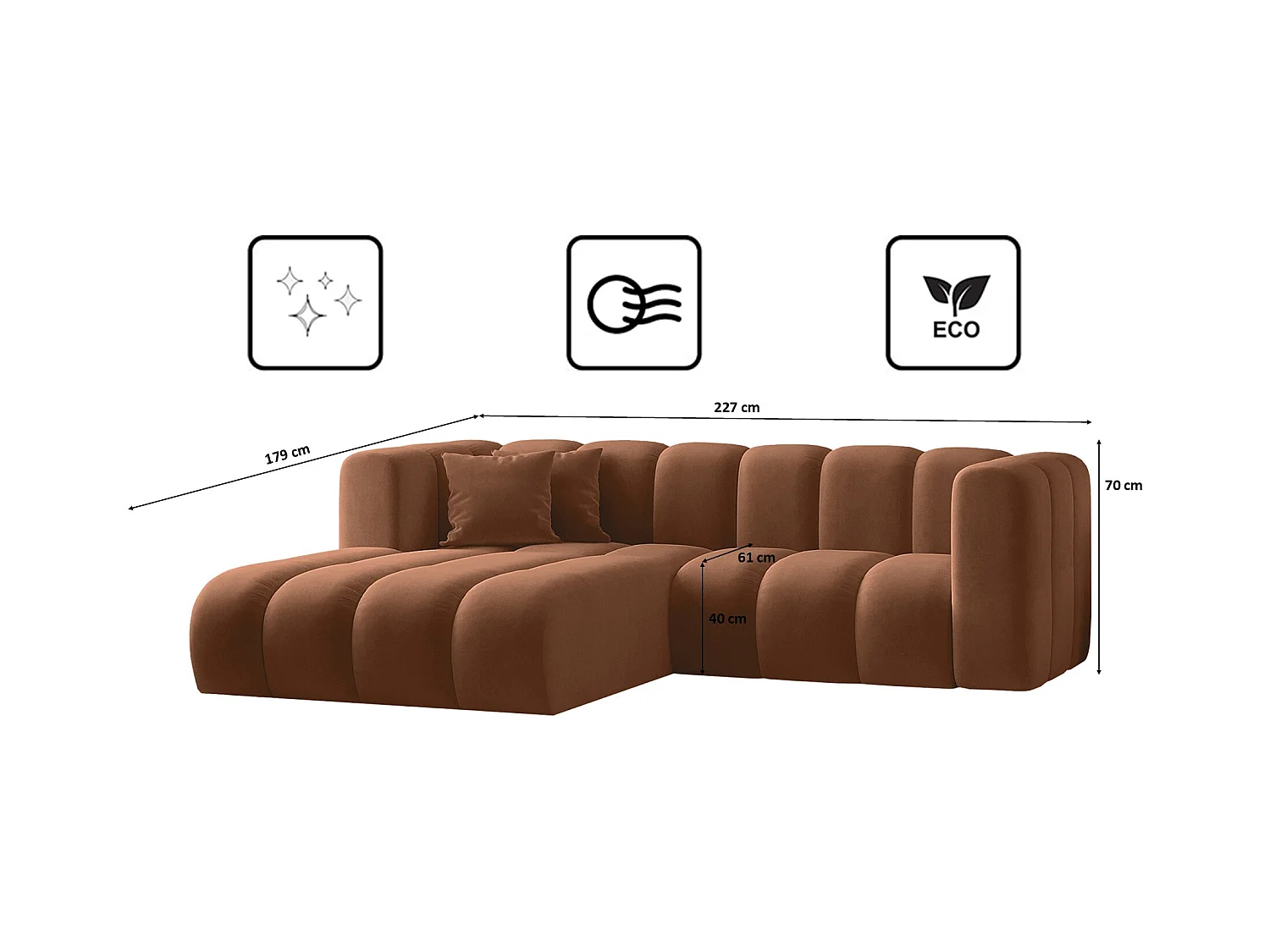 Canapé d'angle en L, Sofa Grand modulable en tissu Salvador Brown Gauche
