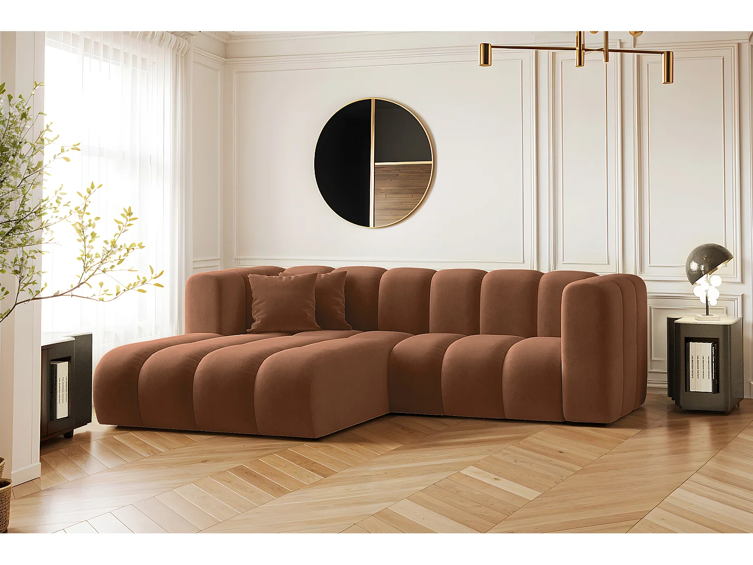 Canapé d'angle en L, Sofa Grand modulable en tissu Salvador Brown Gauche