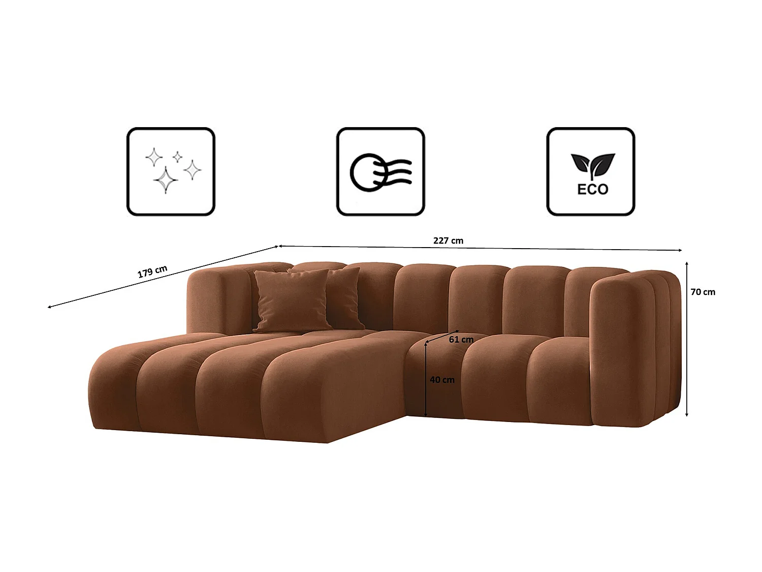 Canapé d'angle en L, Sofa Grand modulable en tissu Salvador Brown Gauche