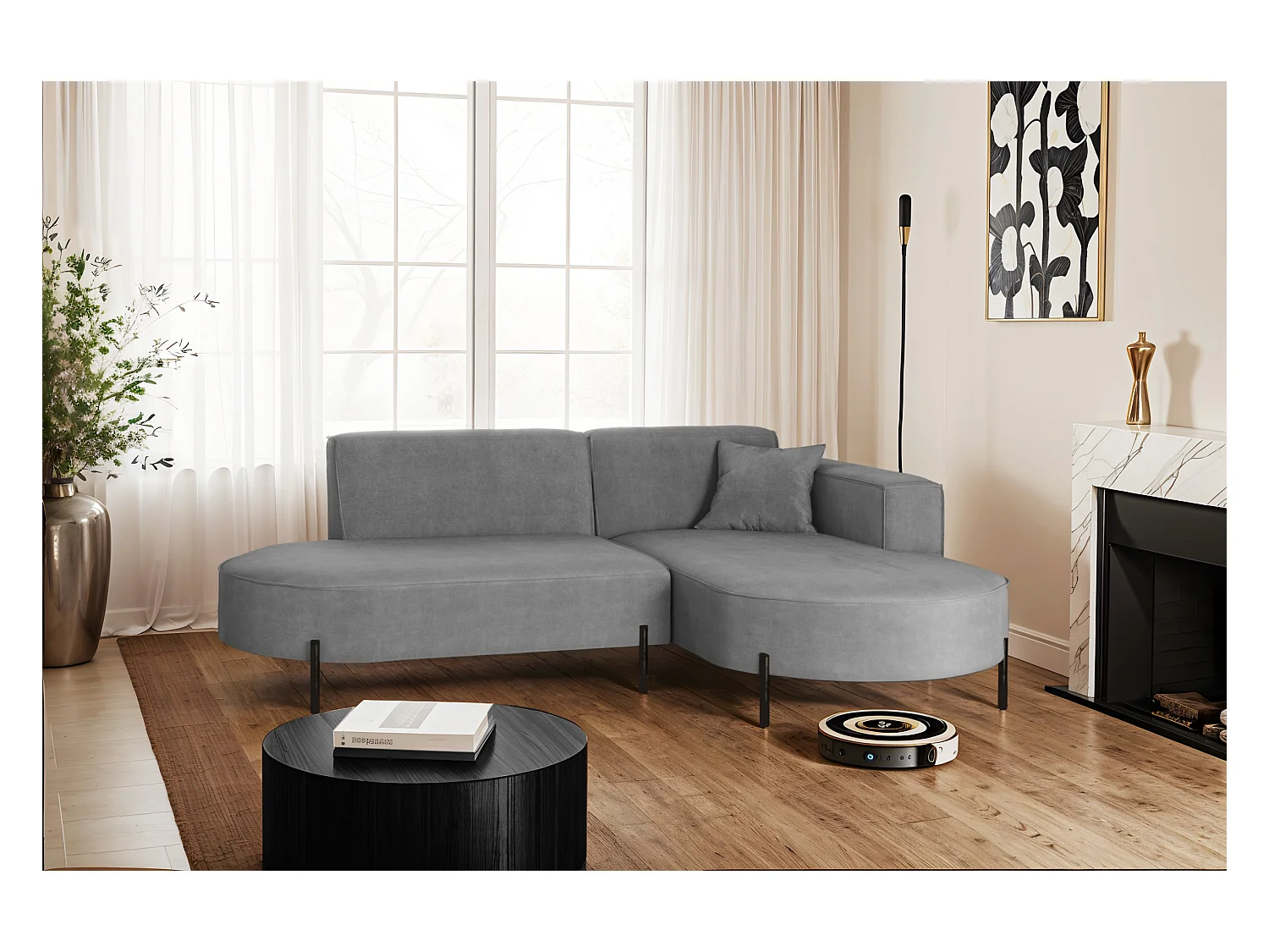 Canapé d'angle, canapé en L, designer Modena, tissu pur Noel, gris cendré, droite