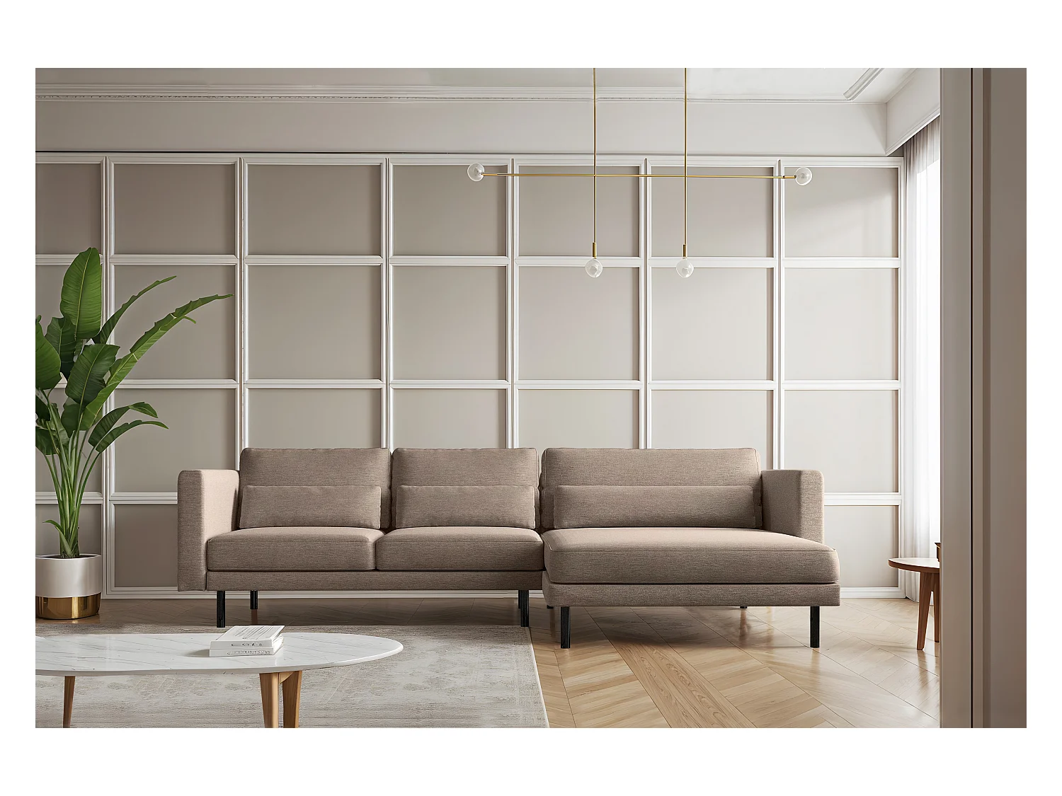 Canapé d'angle en L Dani moderne et spacieux tissu Verita beige chaud droite