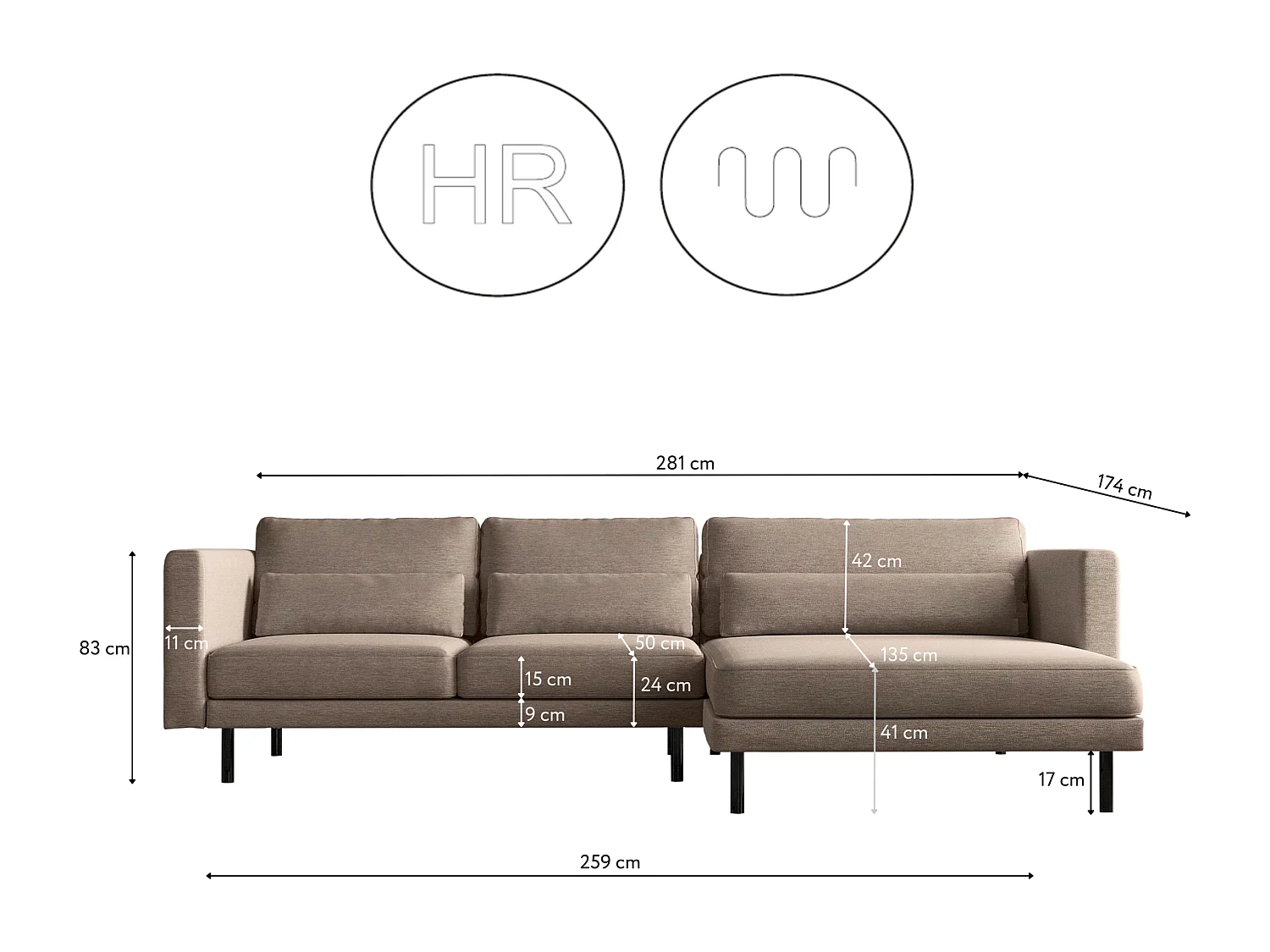 Ecksofa L-form Dani modern und geräumig Stoff Verita Warmbeige Rechts