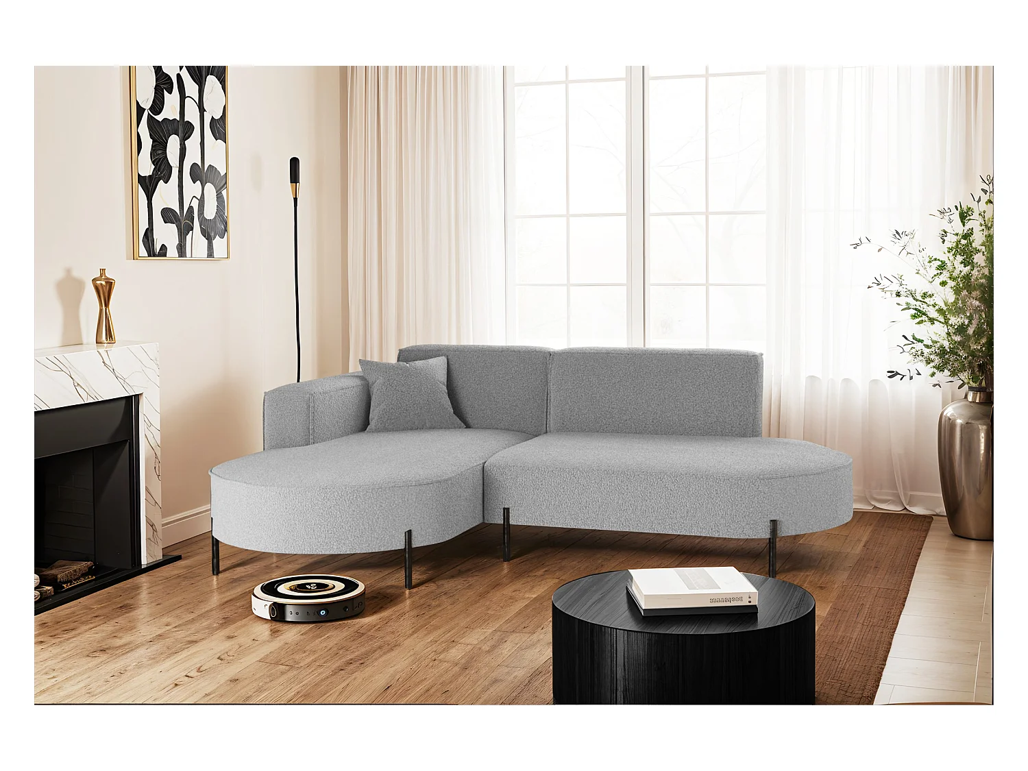 Canapé d'angle, canapé en L design Modena tissu pur source gris gauche