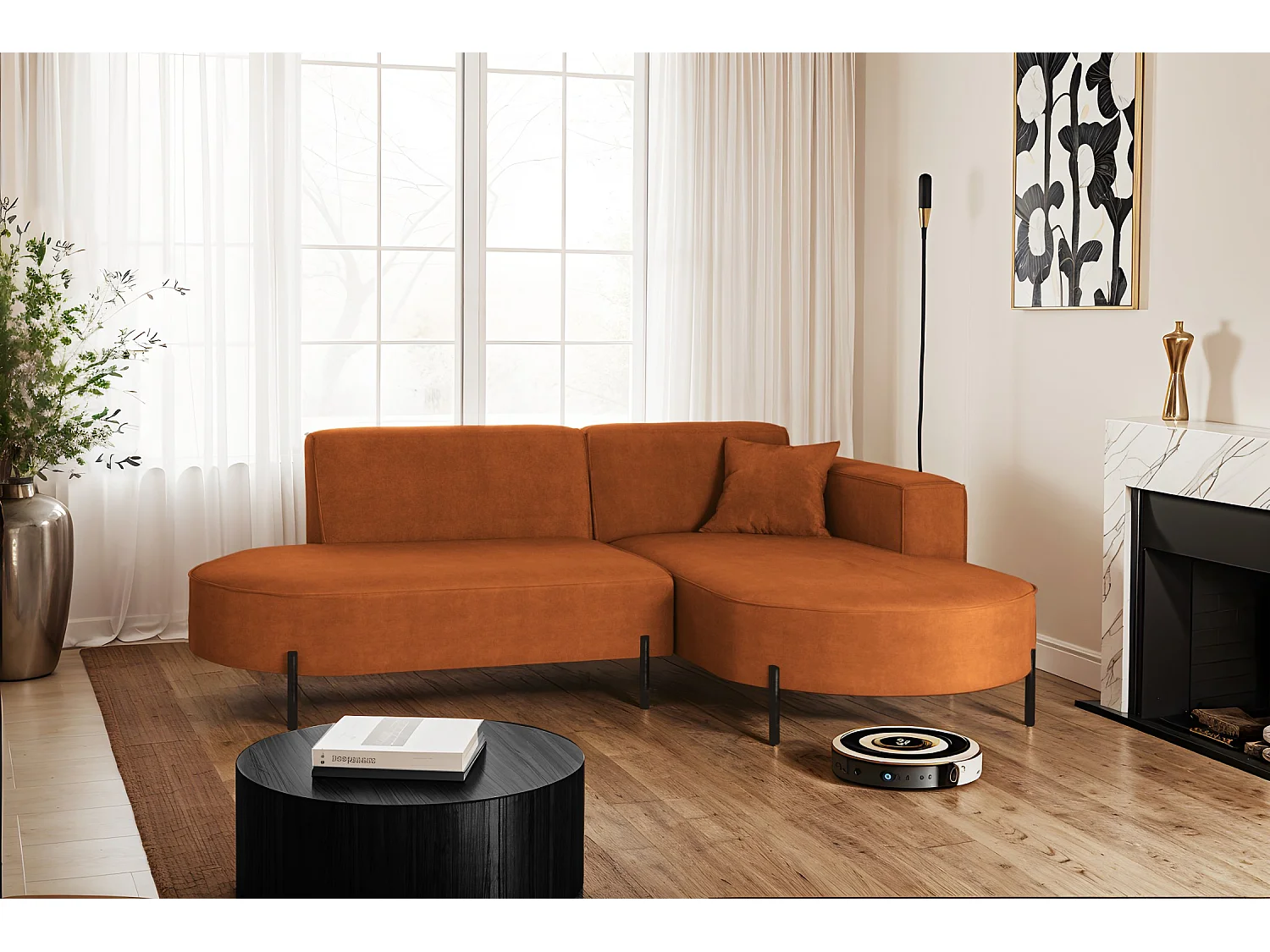 Canapé d'angle, canapé en L, designer Modena, tissu pur Noel Orange, droite