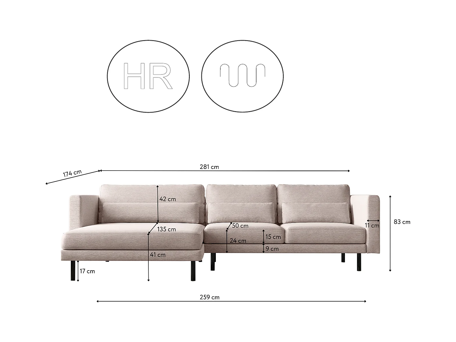 Canapé d'angle L-form Dani moderne et spacieux tissu Verita Beige Gauche