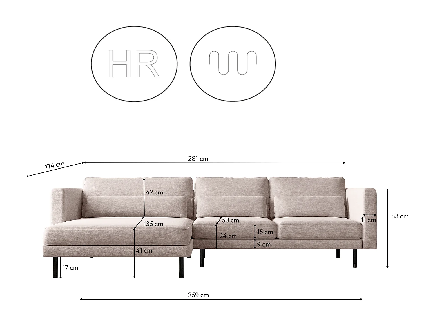 Canapé d'angle L-form Dani moderne et spacieux tissu Verita Beige Gauche