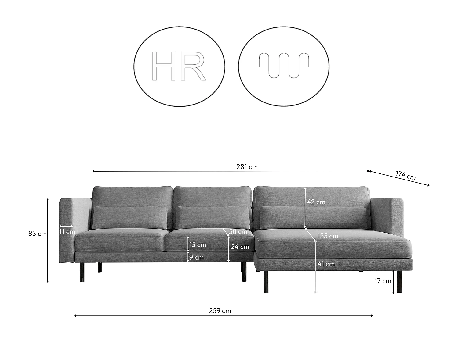 Canapé d'angle L-form Dani moderne et spacieux tissu Verita Steel Right