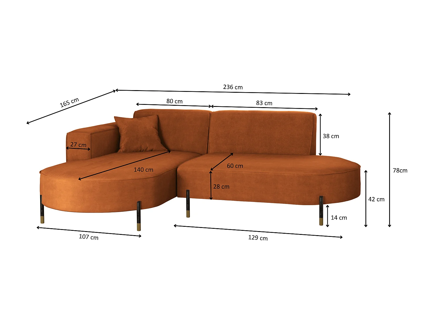 Canapé d'angle, canapé en L, designer Modena, tissu pur Noel Orange, gauche