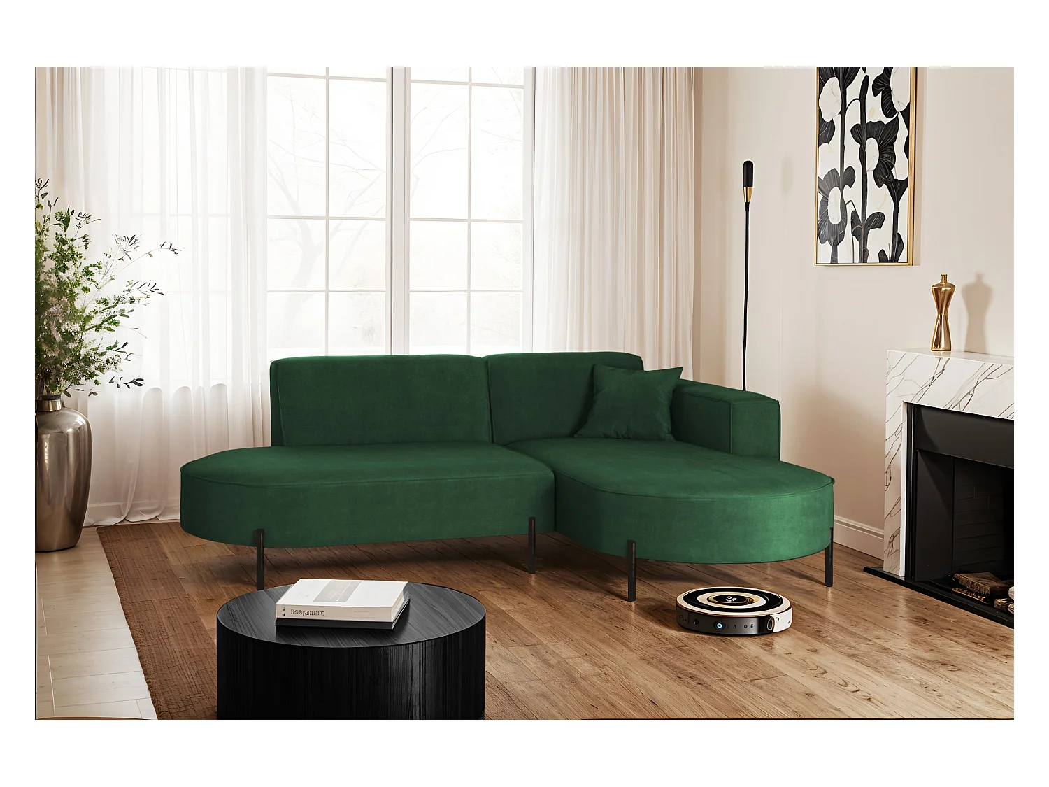 Canapé d'angle, canapé en L, designer Modena, tissu pur Noel Green, droite