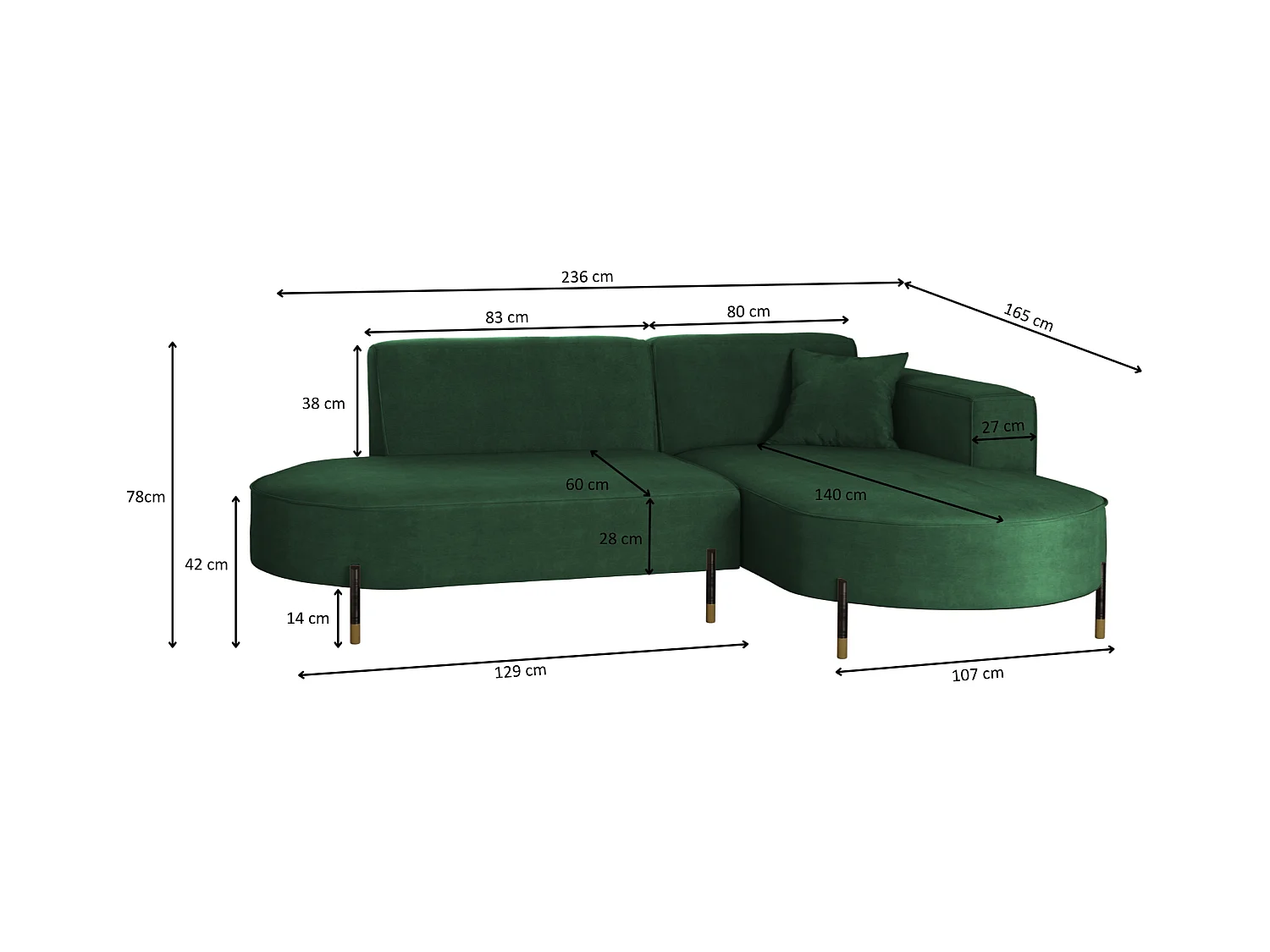 Canapé d'angle, canapé en L, designer Modena, tissu pur Noel Green, droite