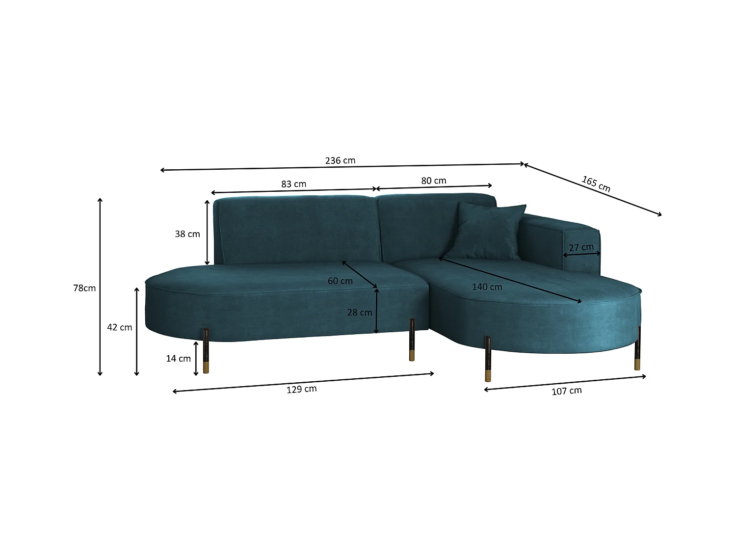 Canapé d'angle, canapé en L, designer Modena, tissu pur Noel Blue, droite