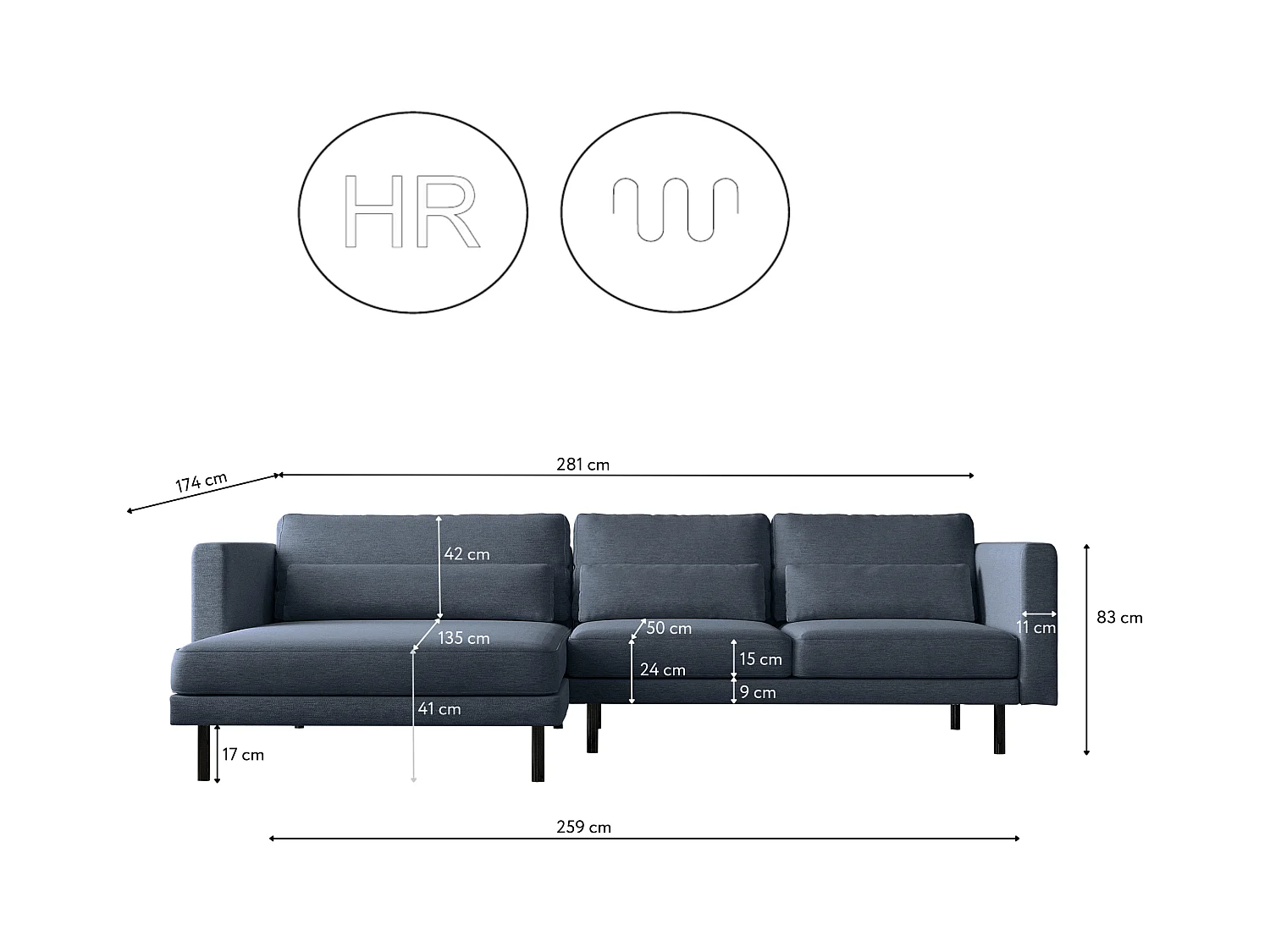 Canapé d'angle L-form Dani moderne et spacieux tissu Verita bleu marine gauche