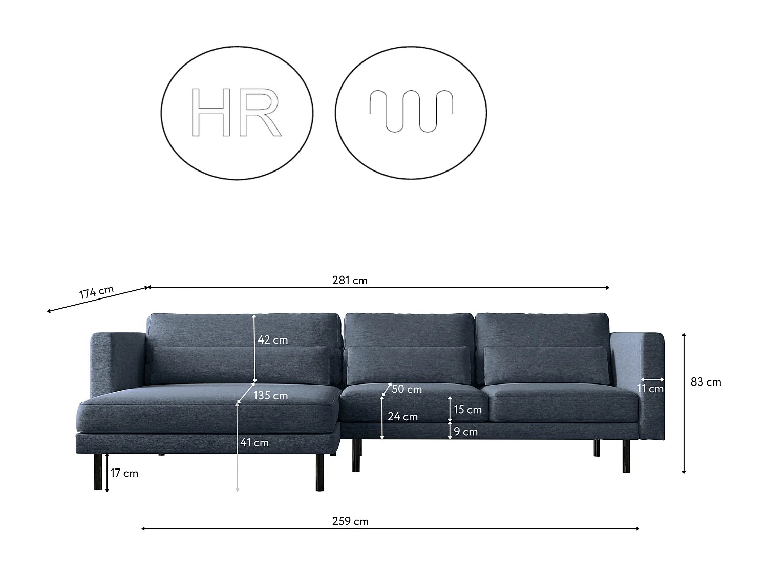 Canapé d'angle L-form Dani moderne et spacieux tissu Verita bleu marine gauche